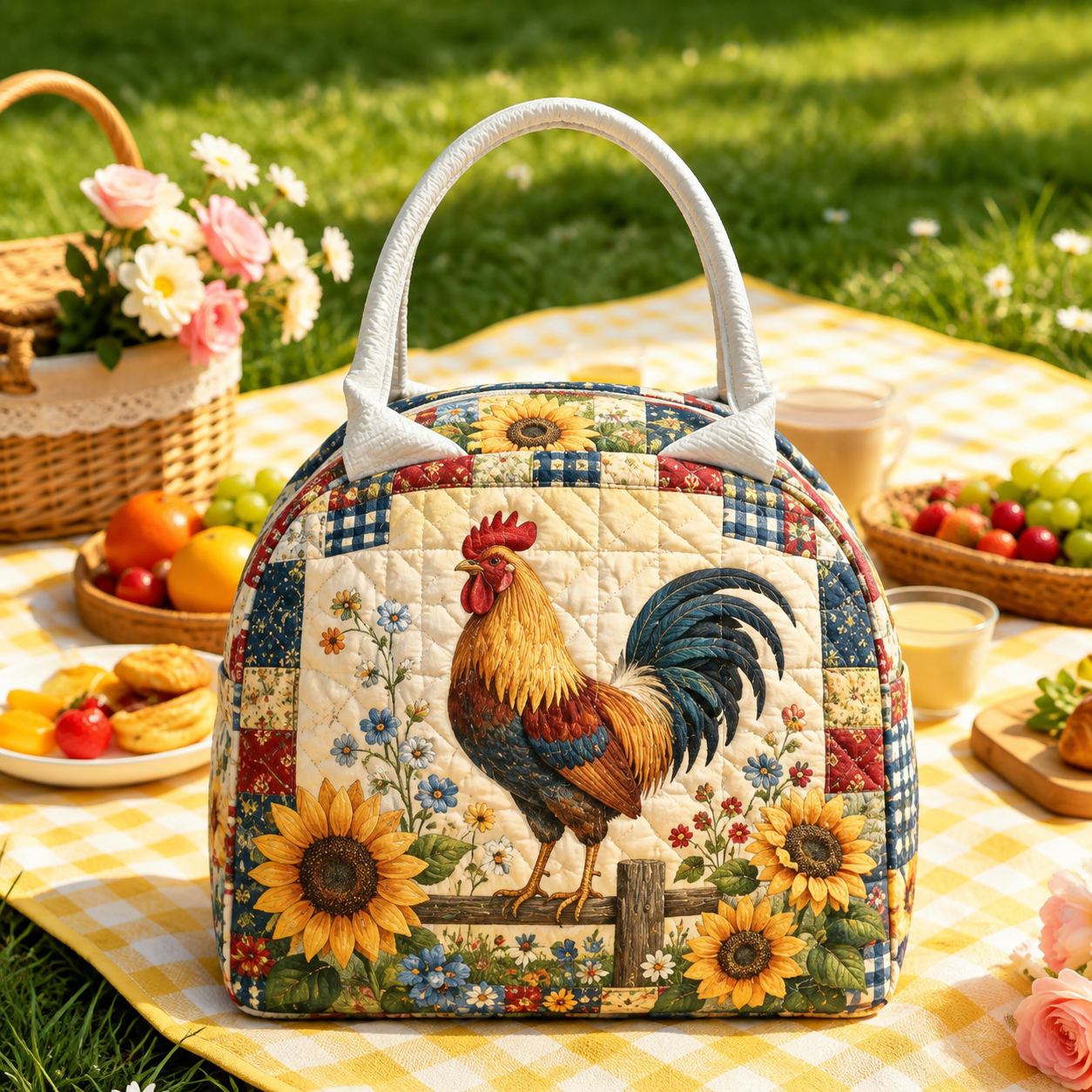 Rooster & Sunflower Patchwork Quilted Lunch Bag