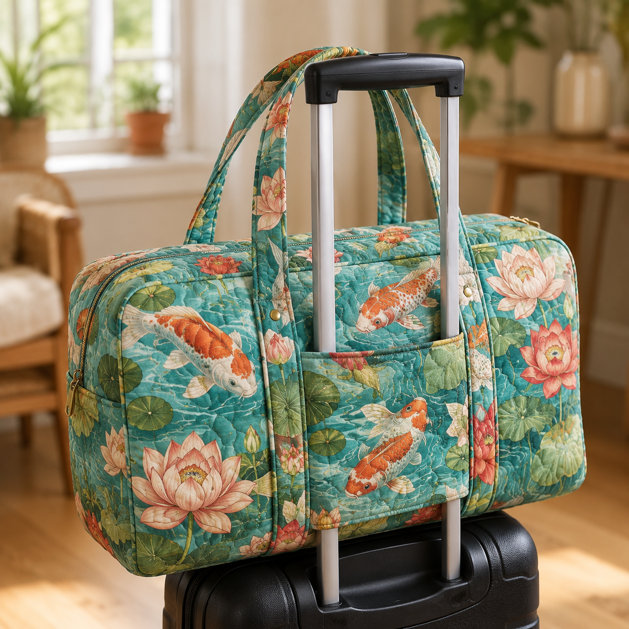 Koi Lotus Pond Quilted Weekender Bag With Trolley Sleeve