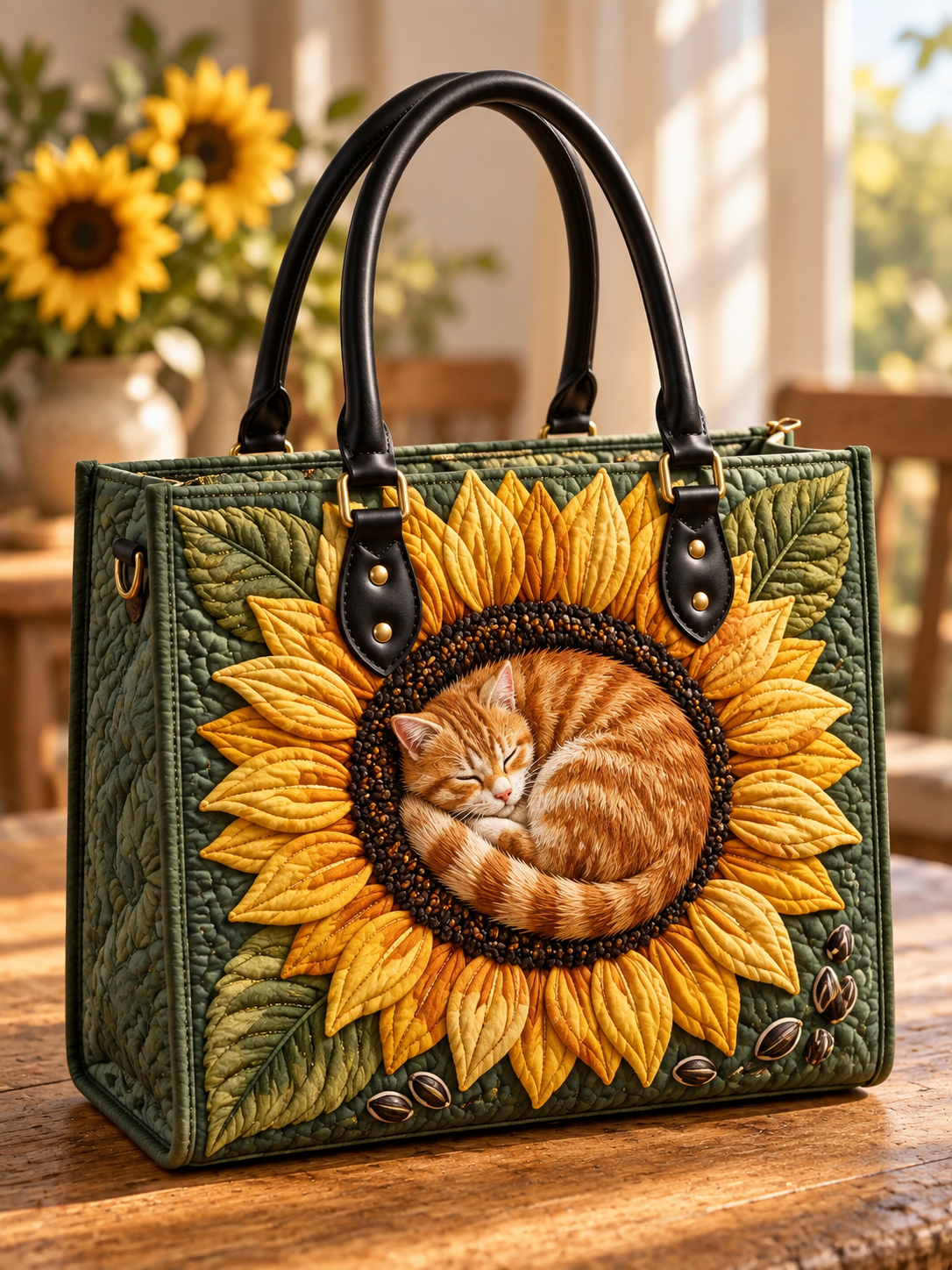 Sleeping Cat Sunflower Quilted Leather Strap Bible Handbag