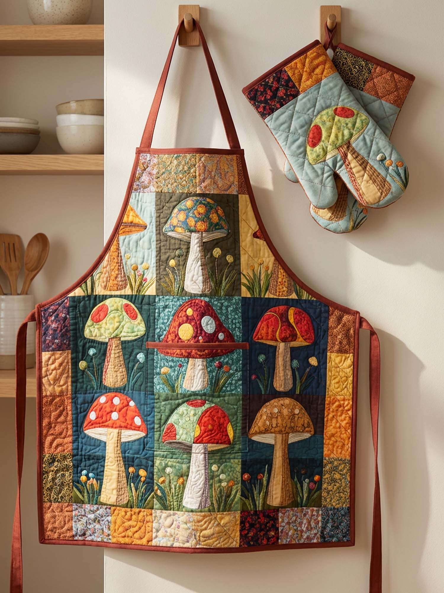 Mushroom Quilted Apron Set (2-Piece) – Padded Apron + Heat-Resistant Oven Mitts