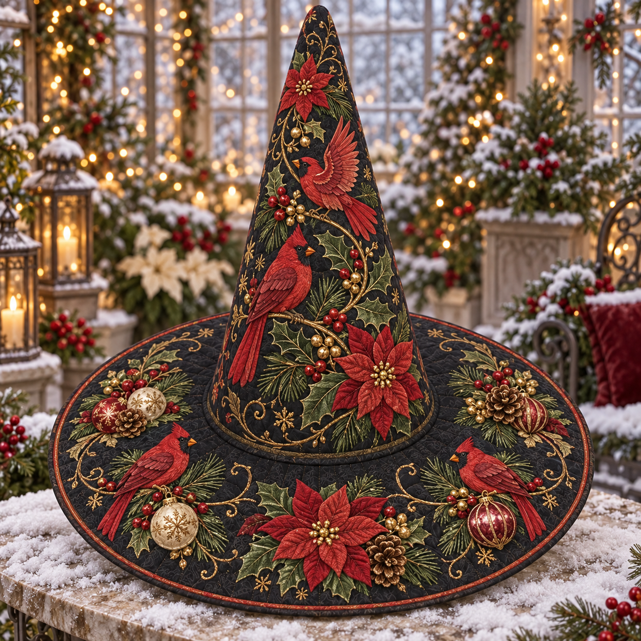 Cardinal Poinsettia Christmas Quilted Witch Hat