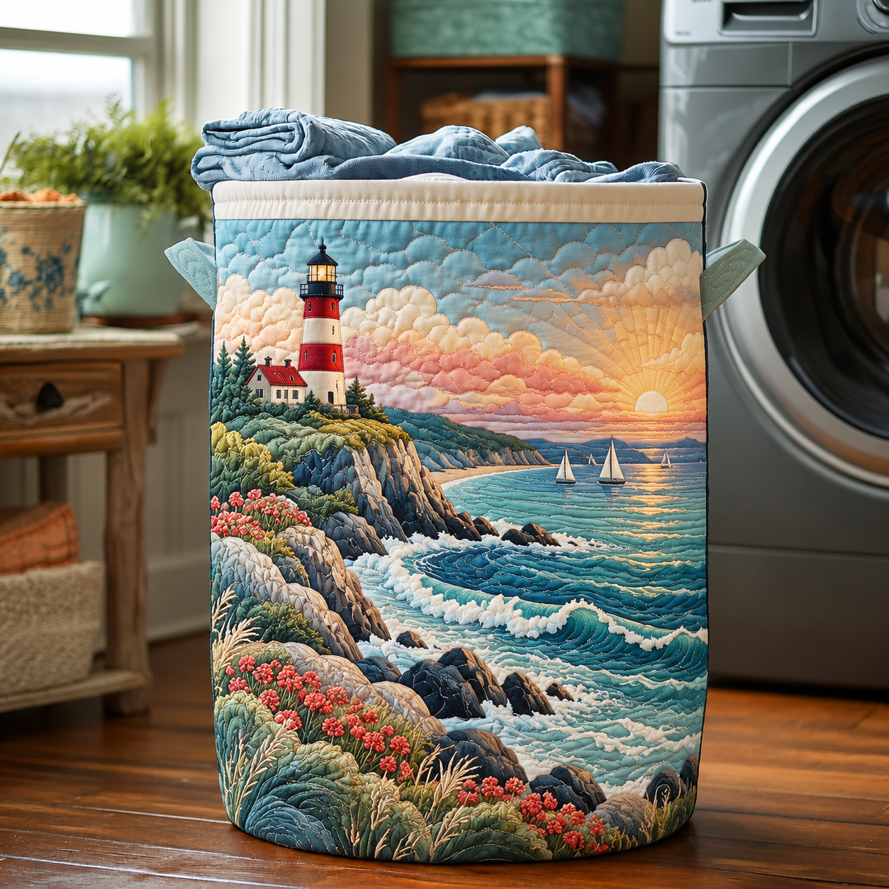 Coastal Lighthouse Sunset Quilted Laundry Basket