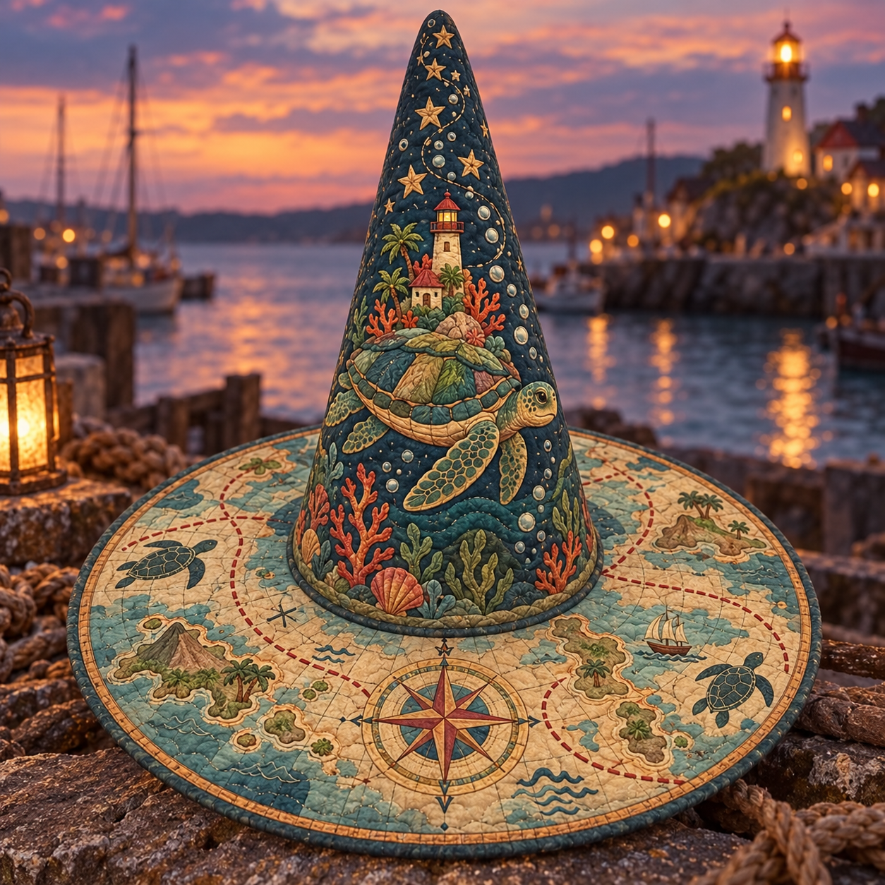 Coastal Sea Turtle Compass Quilted Witch Hat