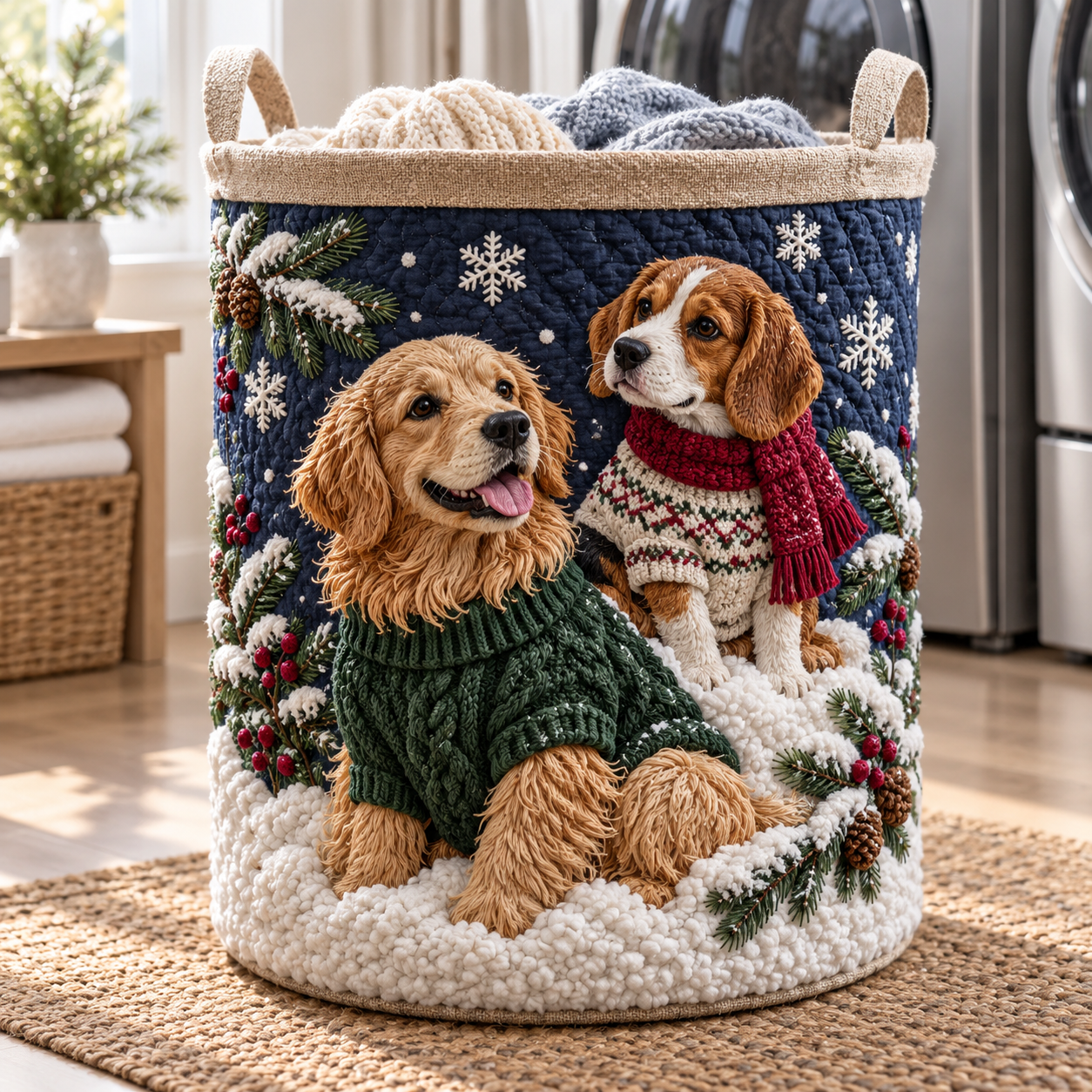 Cozy Christmas Puppy Friends Quilted Laundry Basket