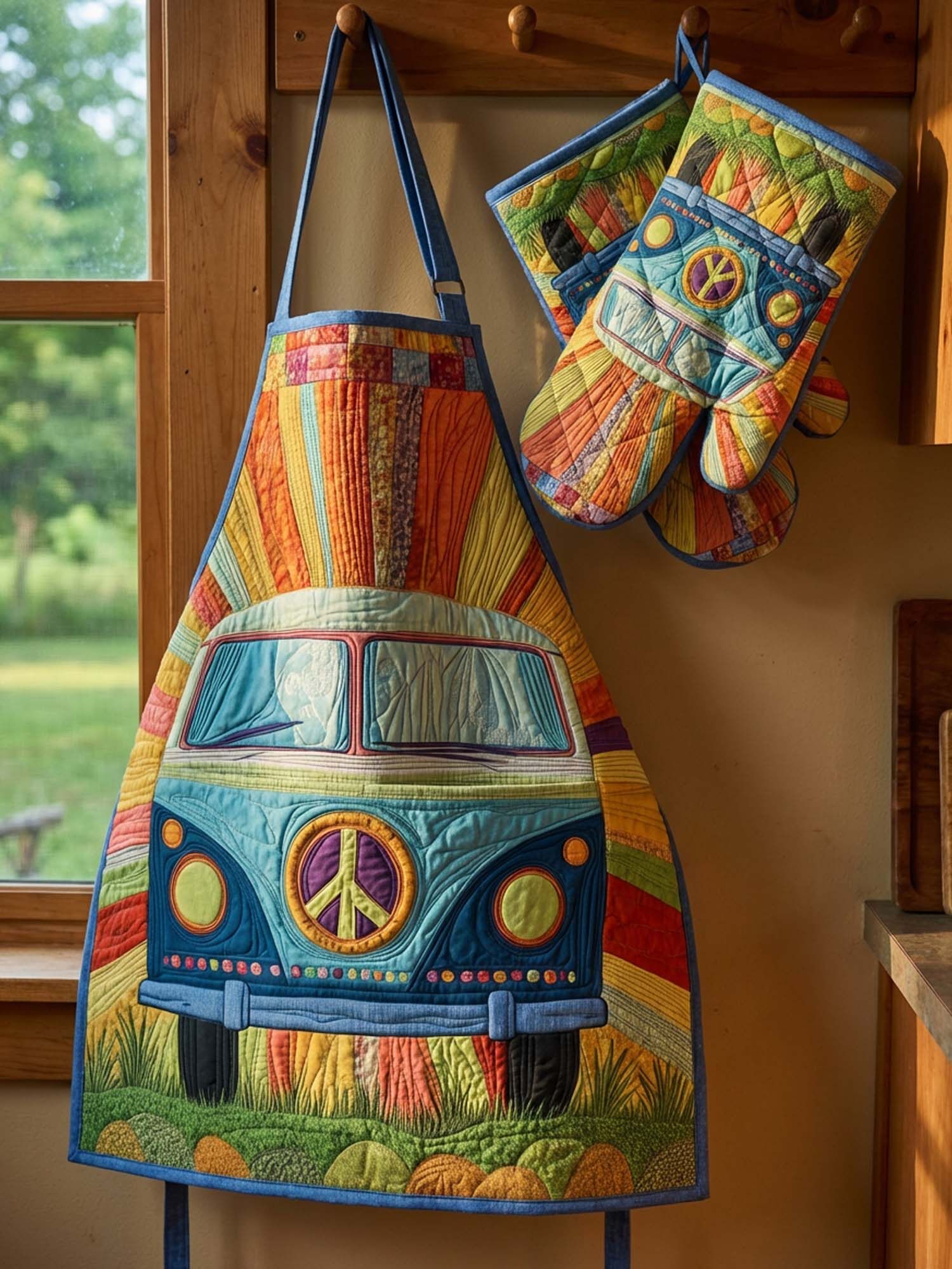 Hippie Van Quilted Apron Set (2-Piece) – Padded Apron + Heat-Resistant Oven Mitts