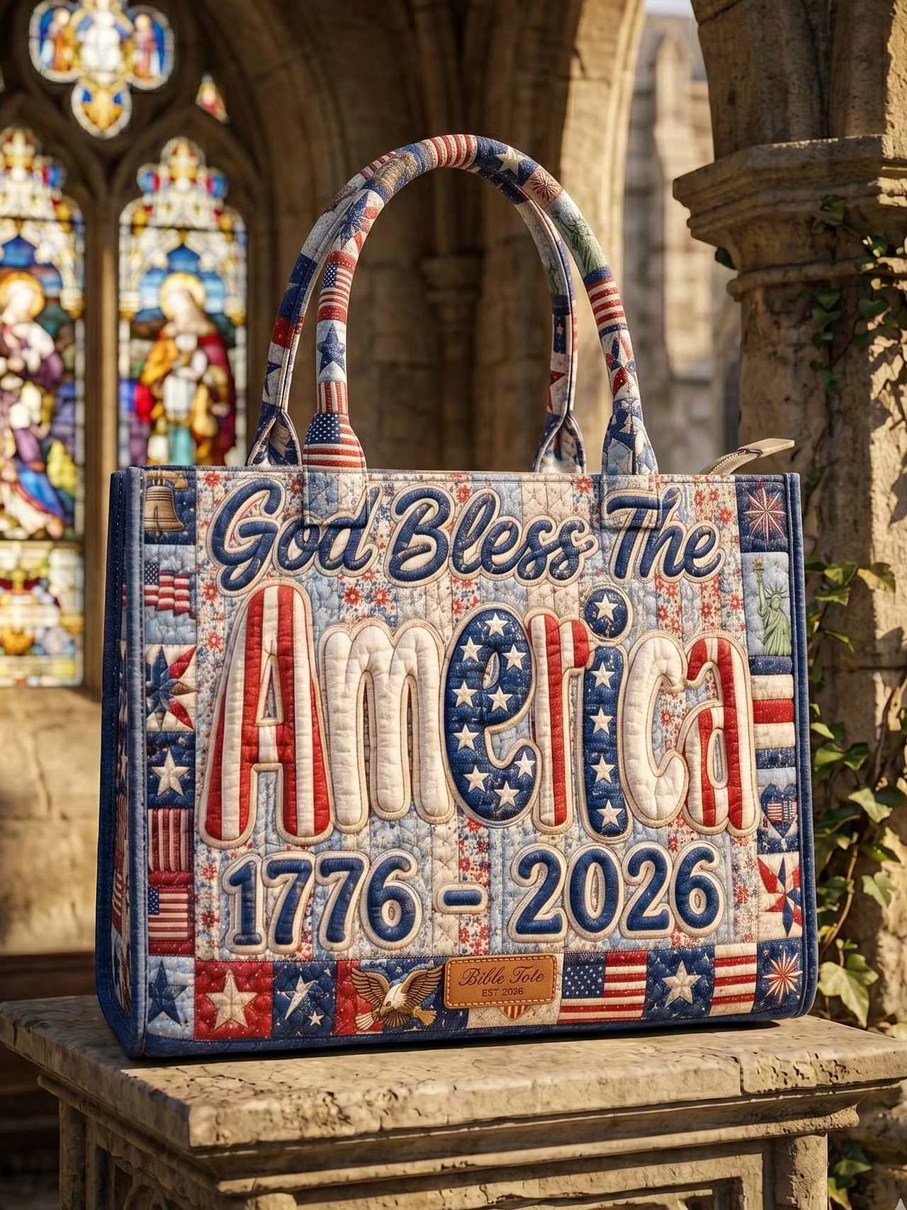 God Bless The America 1776 - 2026 Quilted Leather Strap Bible Handbag