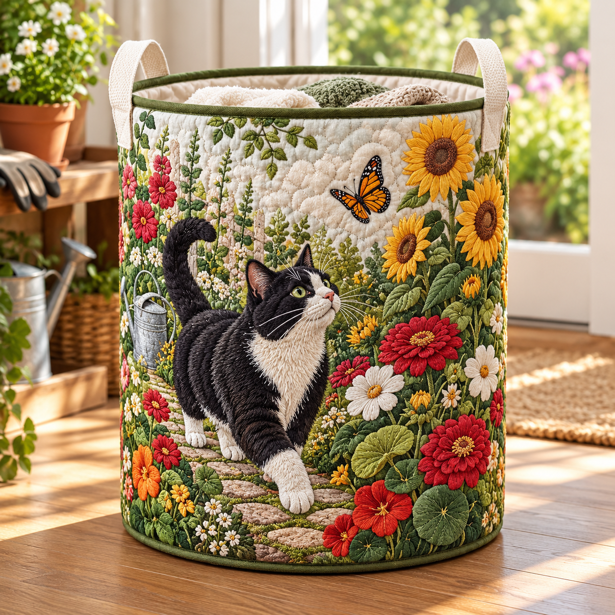 Tuxedo Cat Sunflower Garden Quilted Laundry Basket