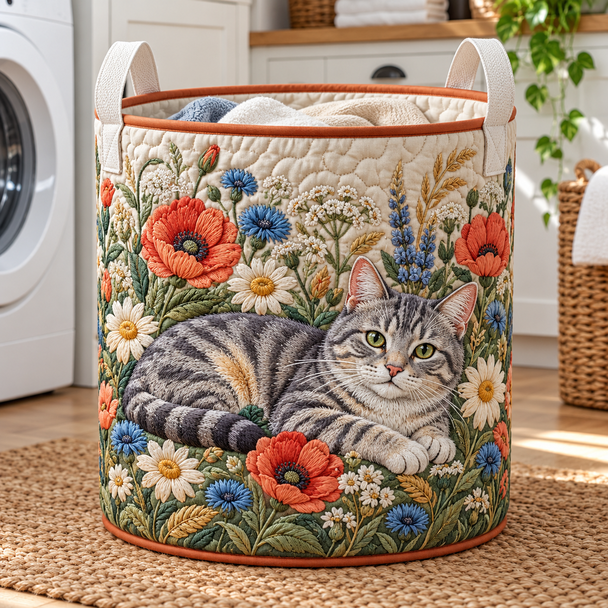 Gray Tabby Wildflower Meadow Quilted Laundry Basket