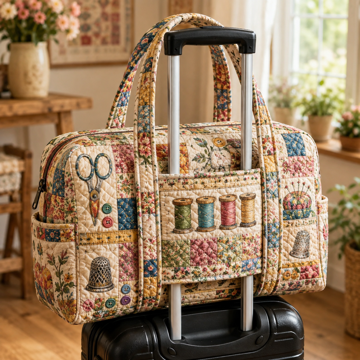 Vintage Sewing Patchwork Quilted Weekender Bag With Trolley Sleeve