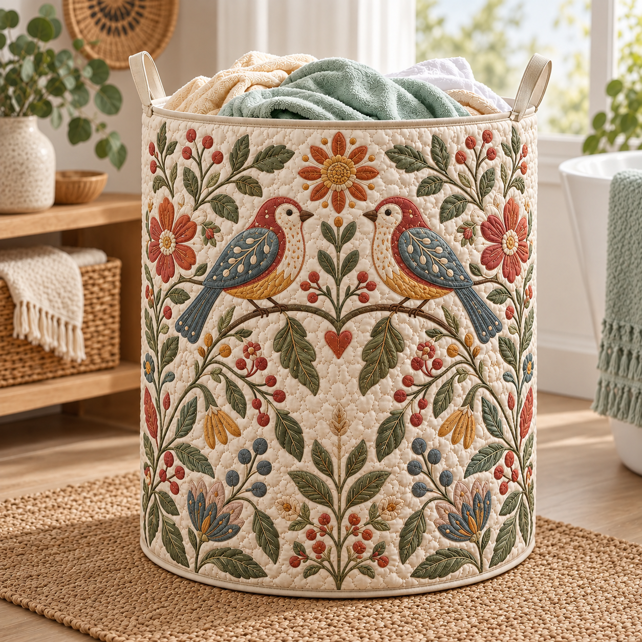 Folk Art Birds & Floral Quilted Laundry Basket