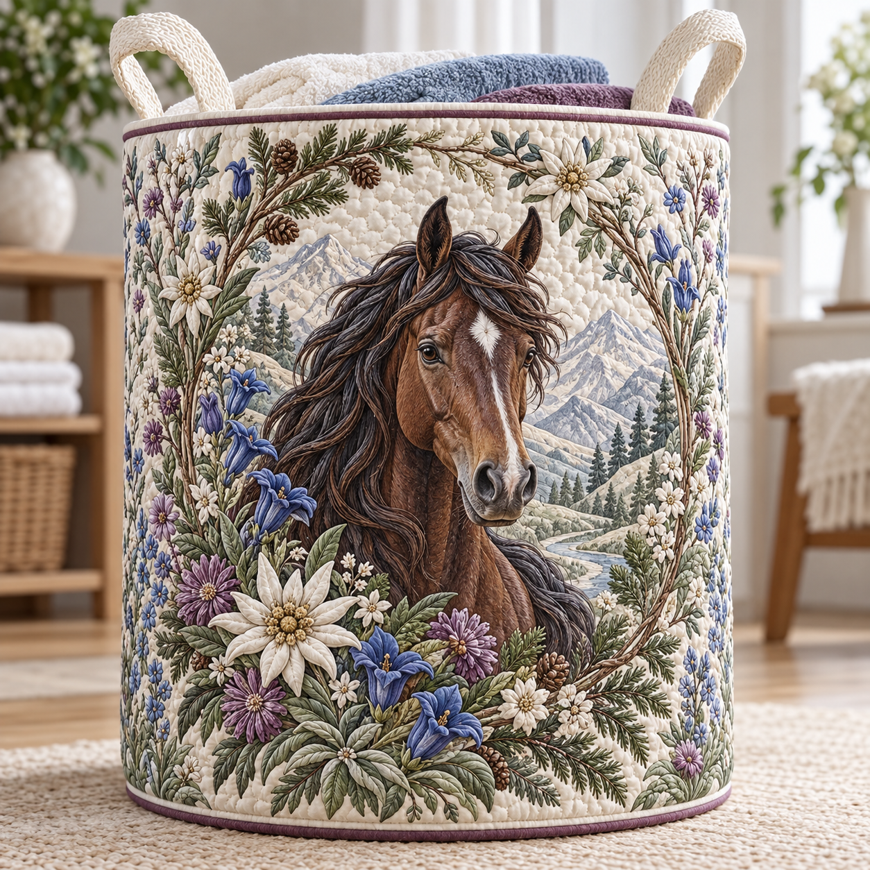 Brown Horse Alpine Wildflower Quilted Laundry Basket