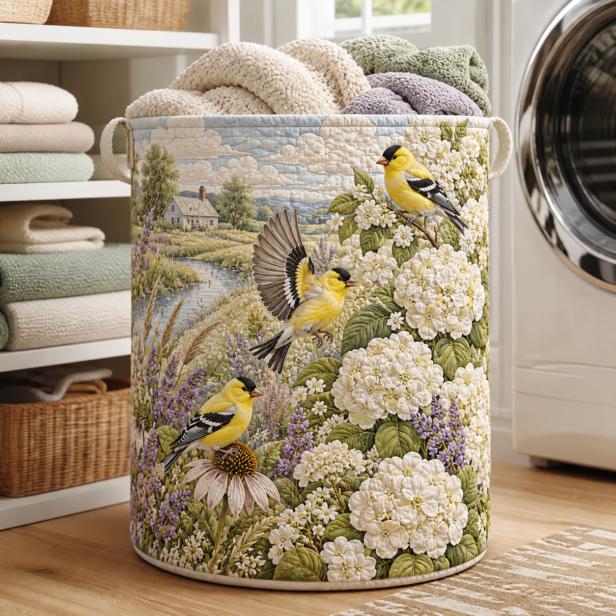 Goldfinch Hydrangea Garden Quilted Laundry Basket