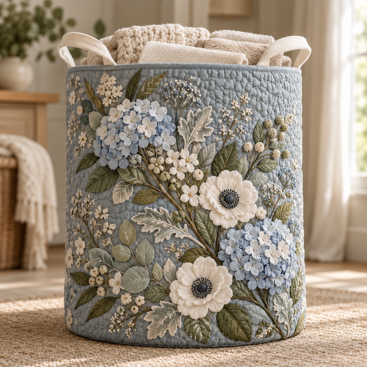 Blue Hydrangea Anemone Bouquet Quilted Laundry Basket