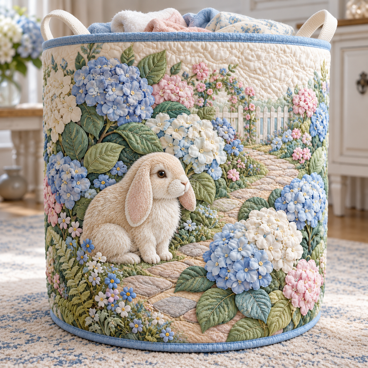 Bunny Hydrangea Garden Quilted Laundry Basket