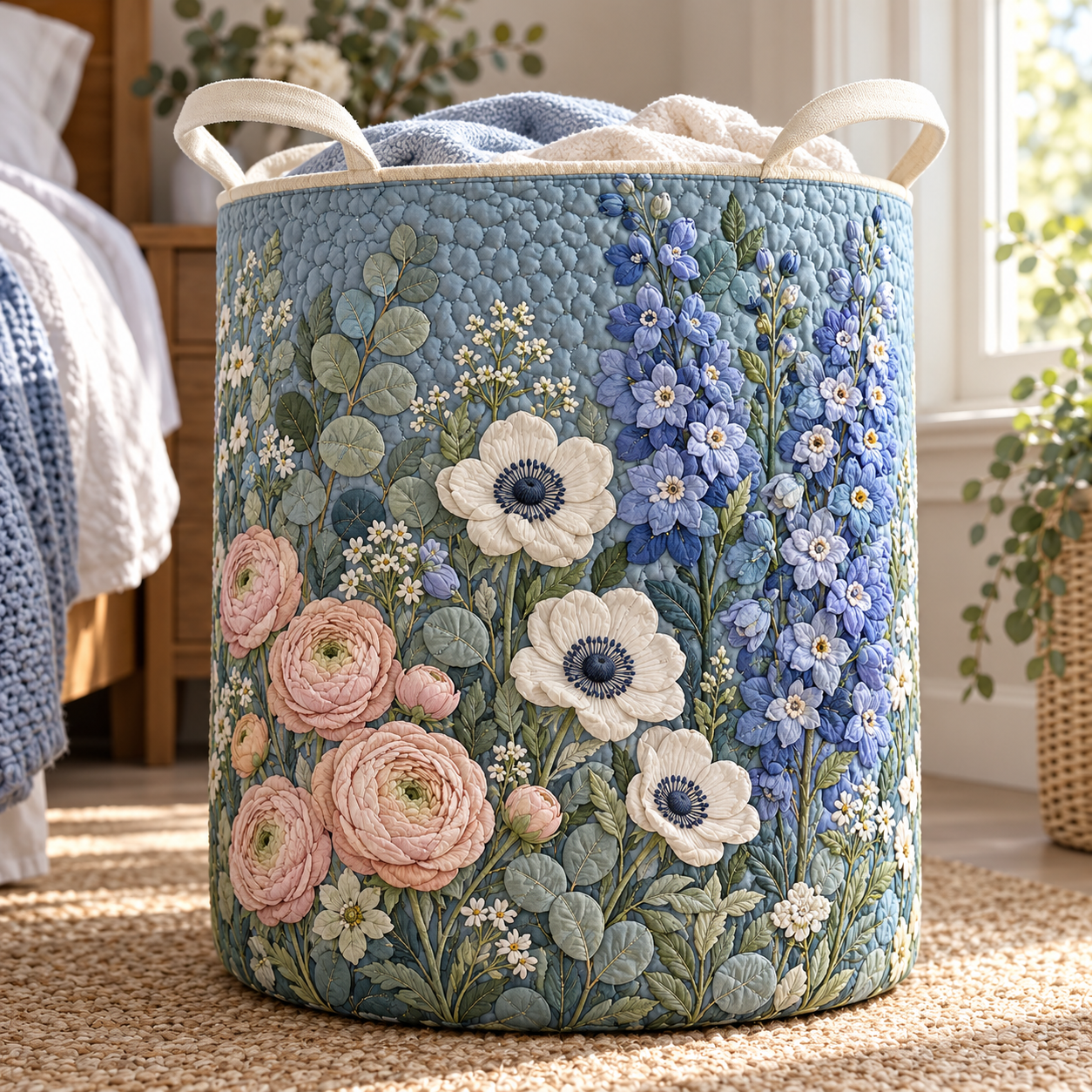 Magnolia Blue Blossom Garden Quilted Laundry Basket