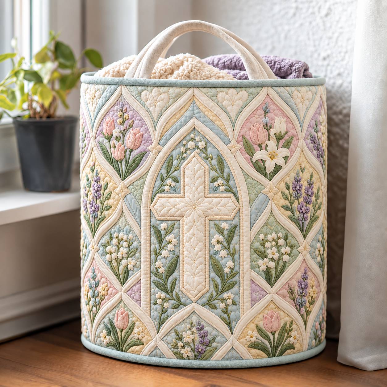Gothic Arch Floral Cross Quilted Laundry Basket