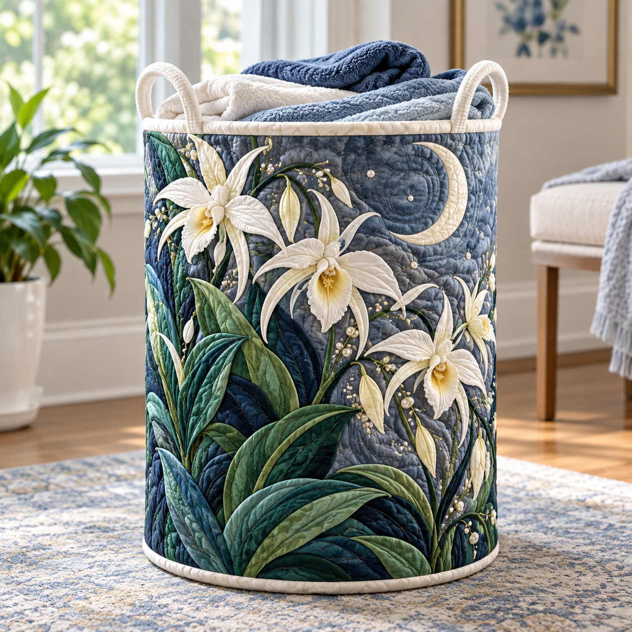 Moonlit White Orchid Garden Quilted Laundry Basket