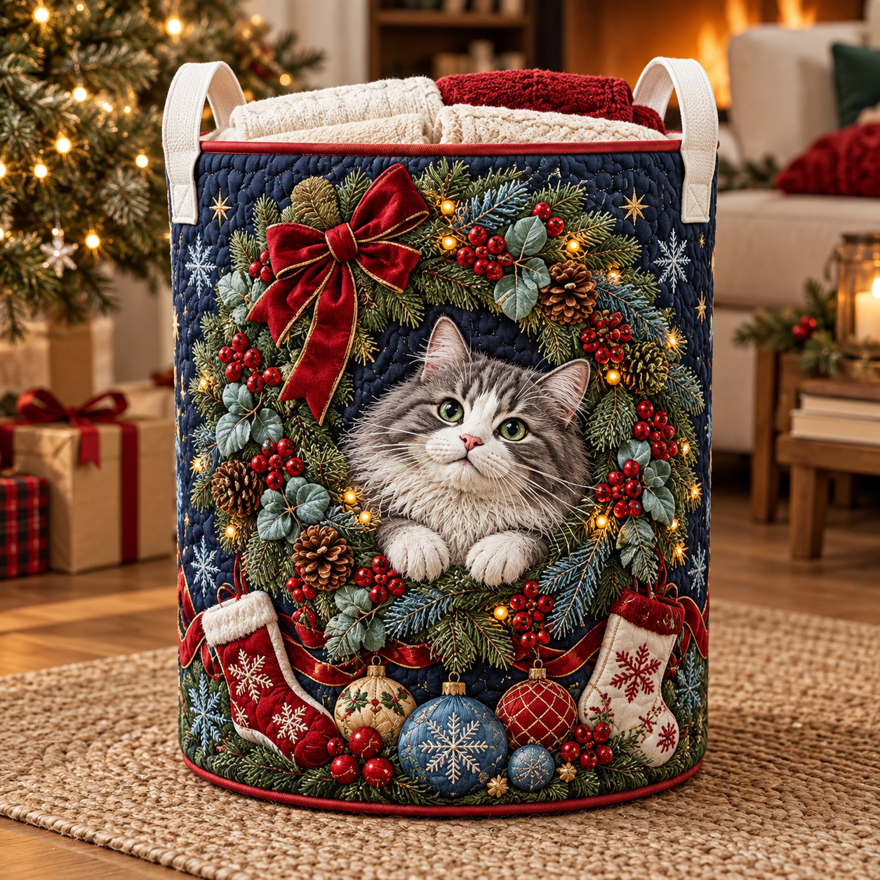 Festive Cat Wreath Quilted Laundry Basket