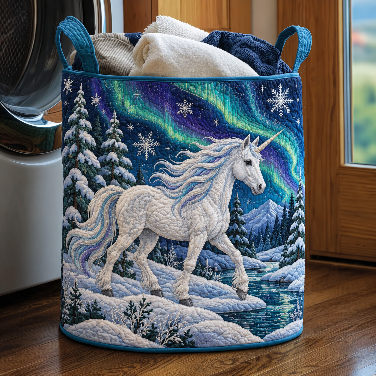 Aurora Winter Unicorn Quilted Laundry Basket