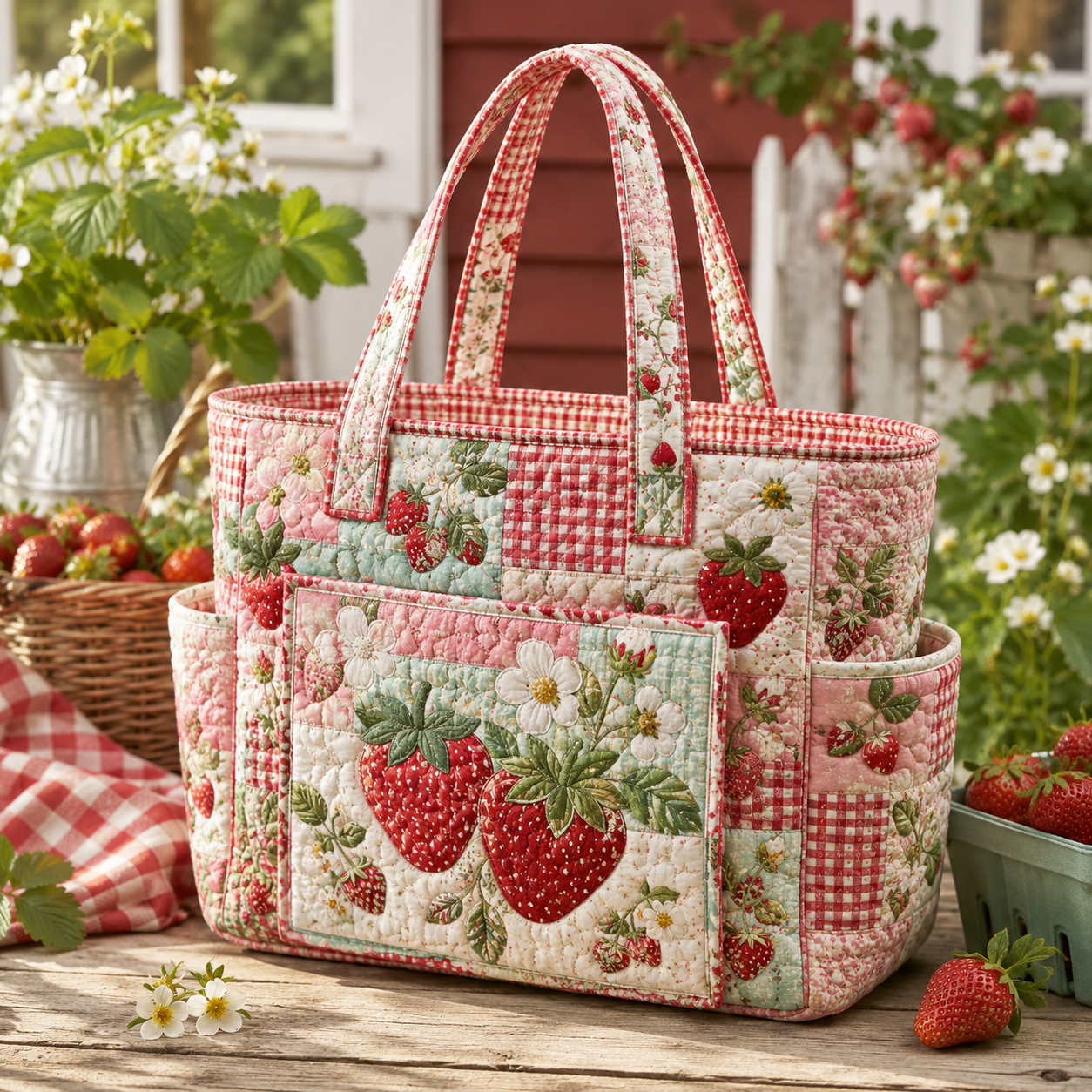 Strawberry Patchwork Multiple Pockets Quilted Tote Bag