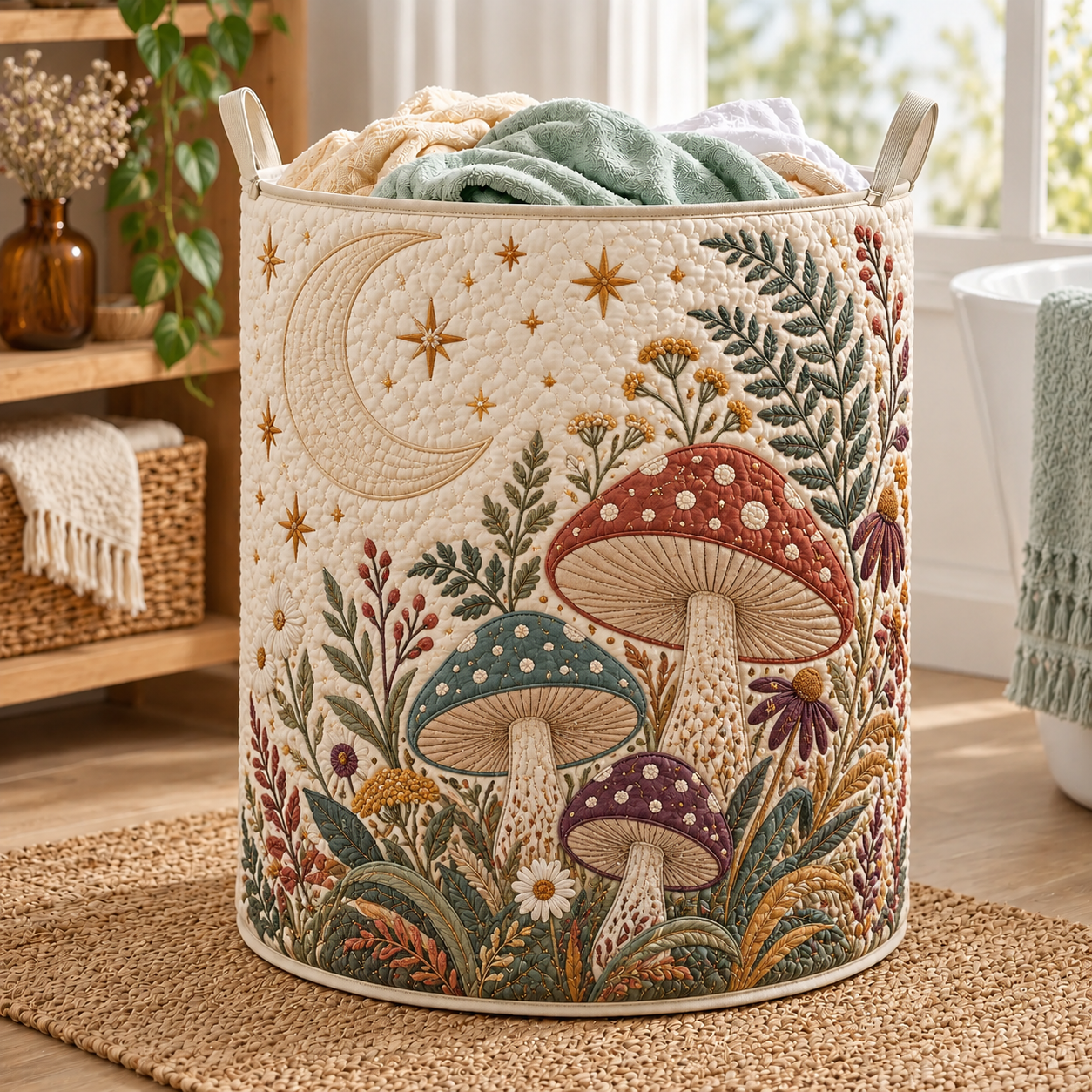 Celestial Mushroom Garden Quilted Laundry Basket
