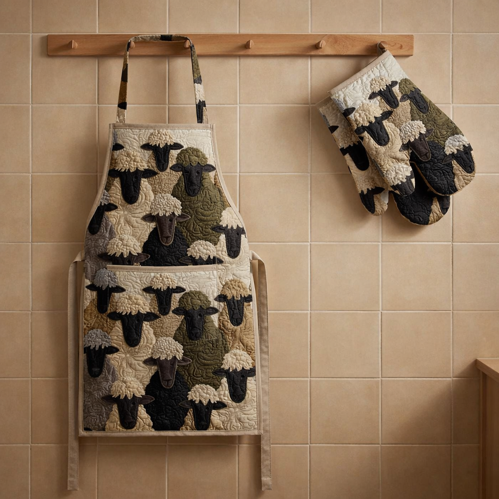 Cute Sheep Quilted Apron Set (2-Piece) – Padded Apron + Heat-Resistant Oven Mitts