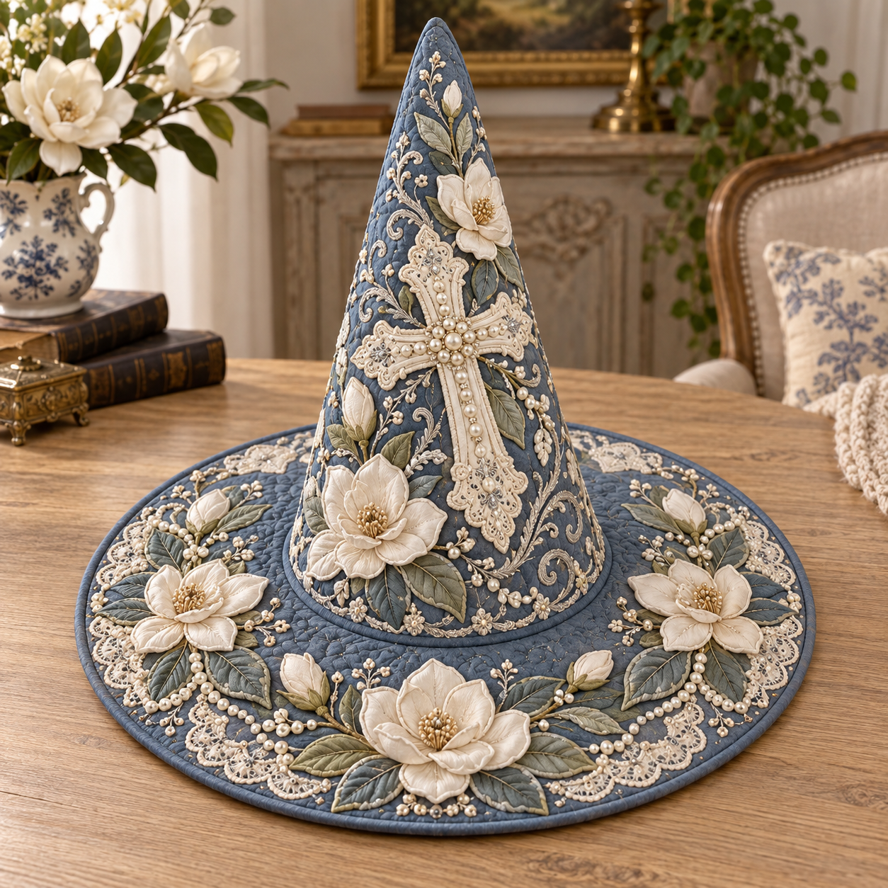 Blue Floral Cross Quilted Witch Hat