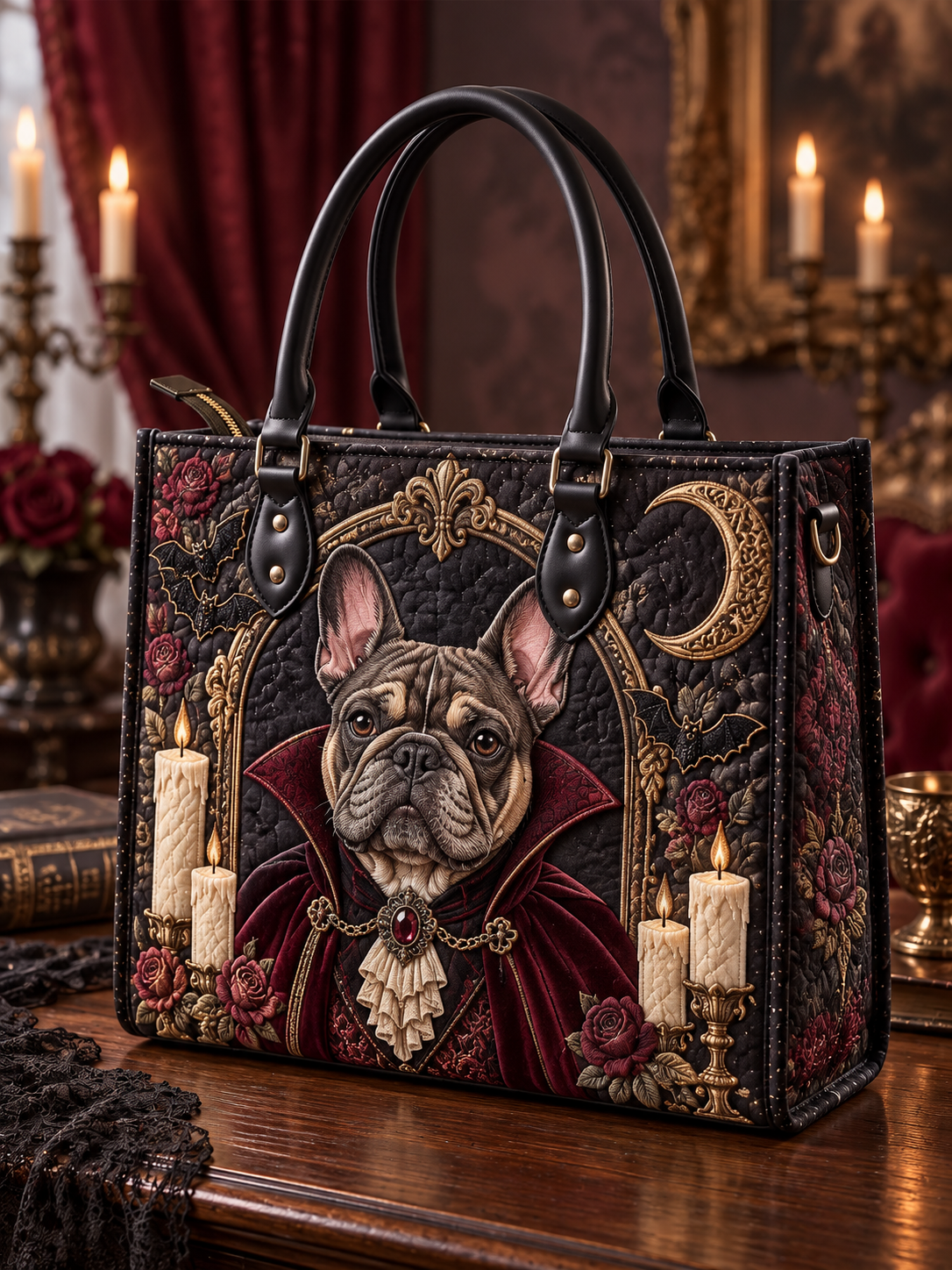 Gothic Frenchie Moon Quilted Leather Strap Bible Handbag