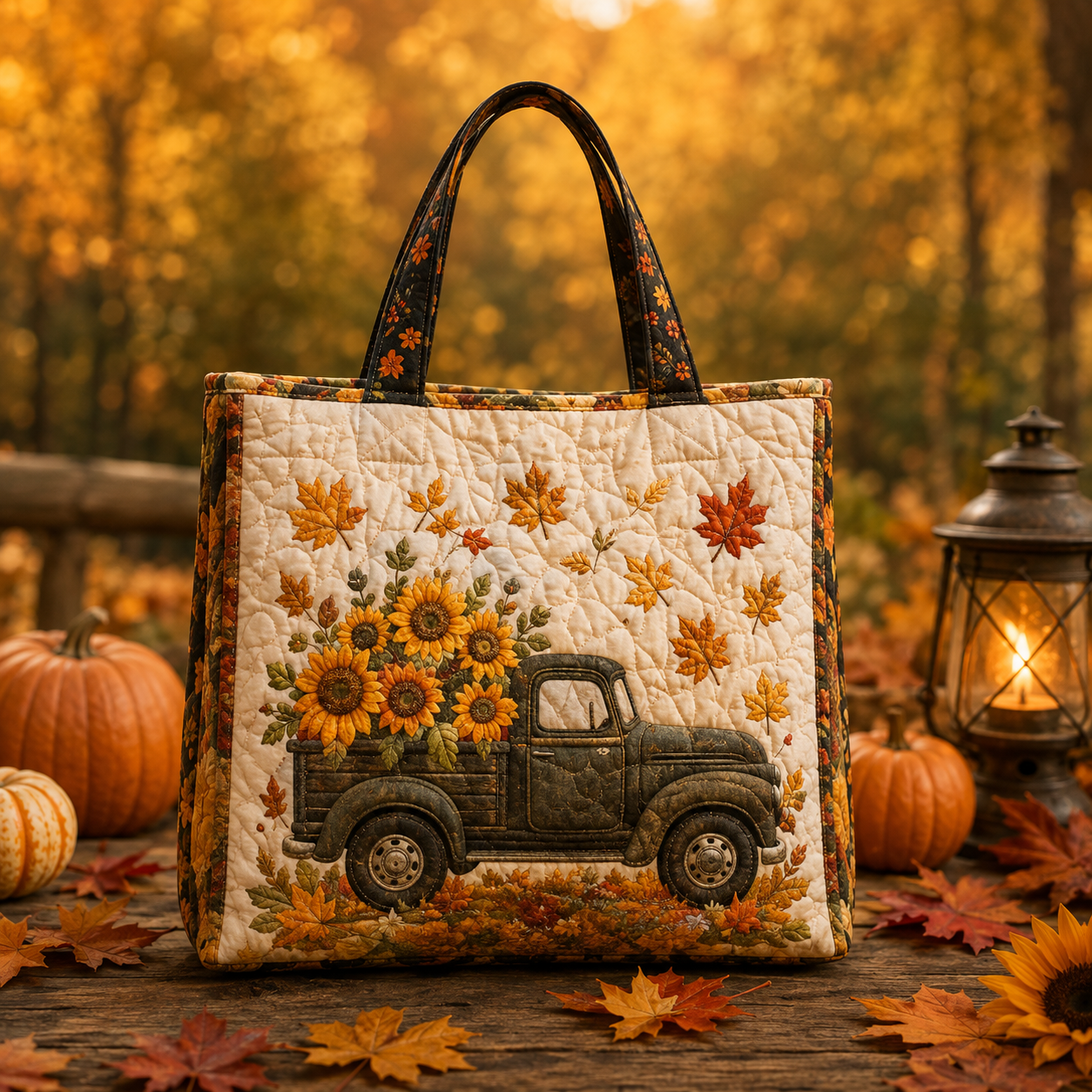 Vintage Truck Sunflower Fall Quilted Tote Bag