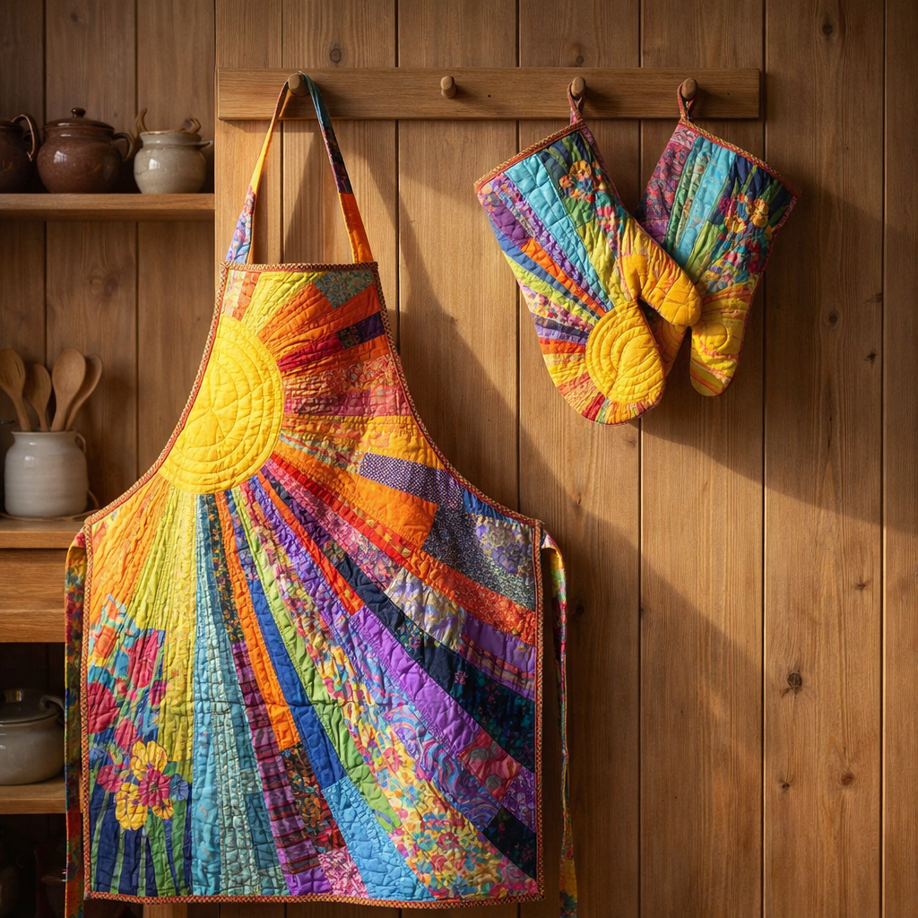 Hippie Sun Quilted Apron Set (2-Piece) – Padded Apron + Heat-Resistant Oven Mitts