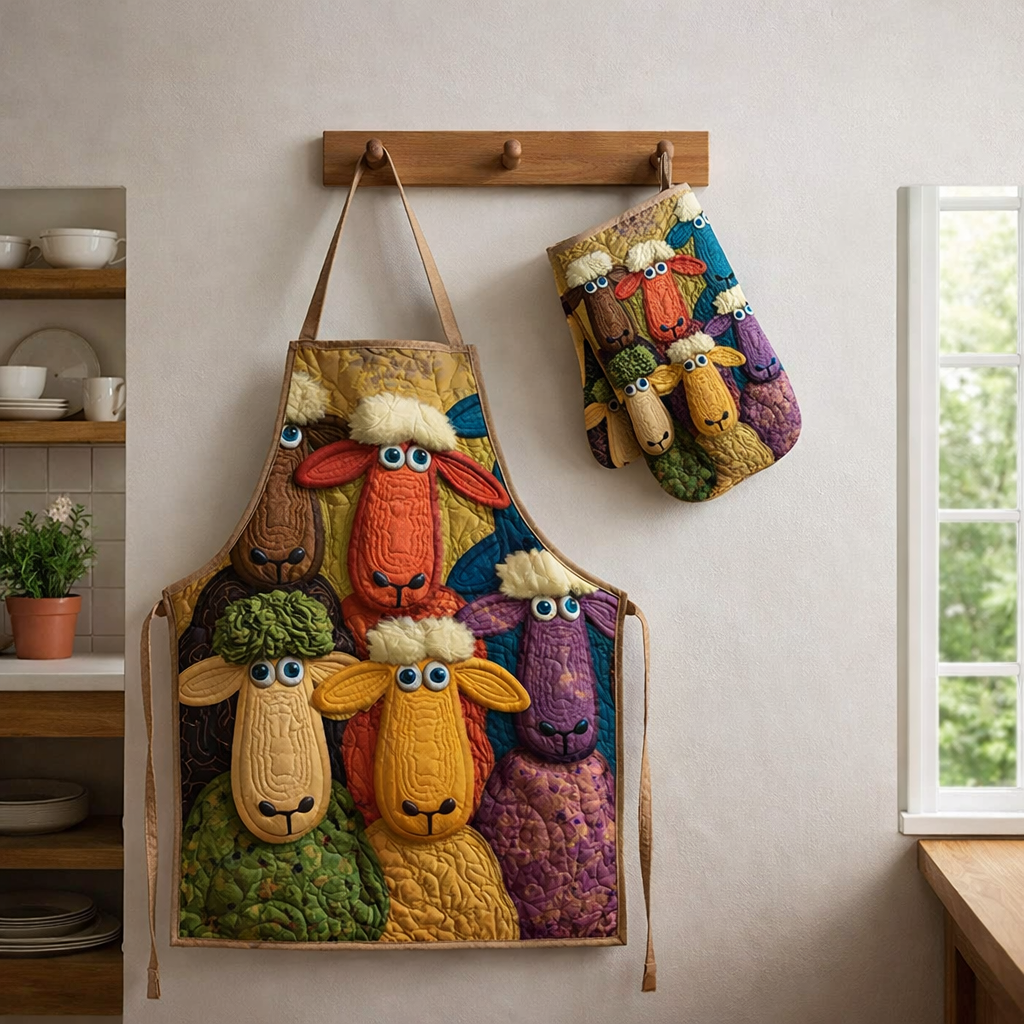 Cute Sheep Quilted Apron Set (2-Piece) – Padded Apron + Heat-Resistant Oven Mitts