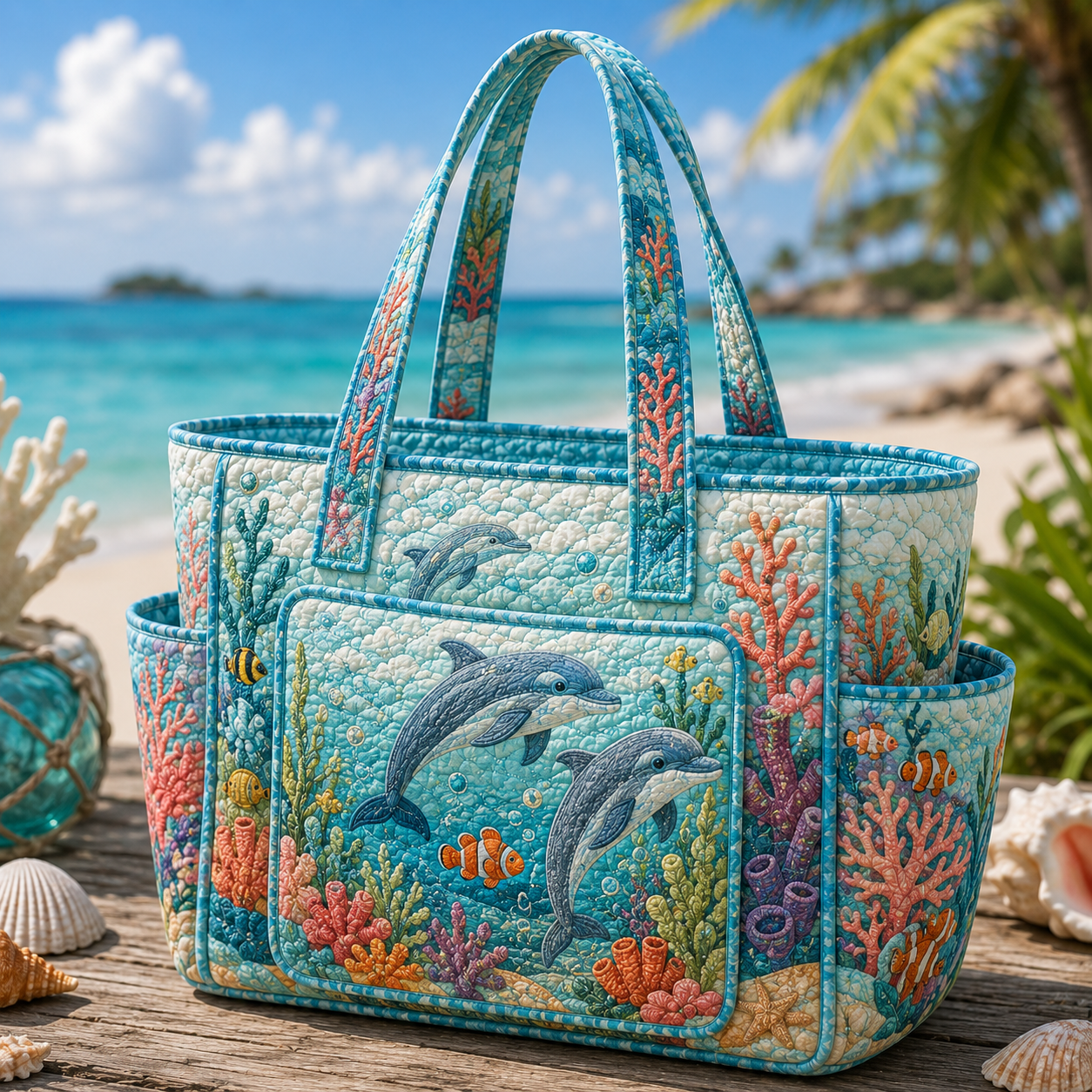 Dolphin Coral Reef Multiple Pockets Quilted Tote Bag