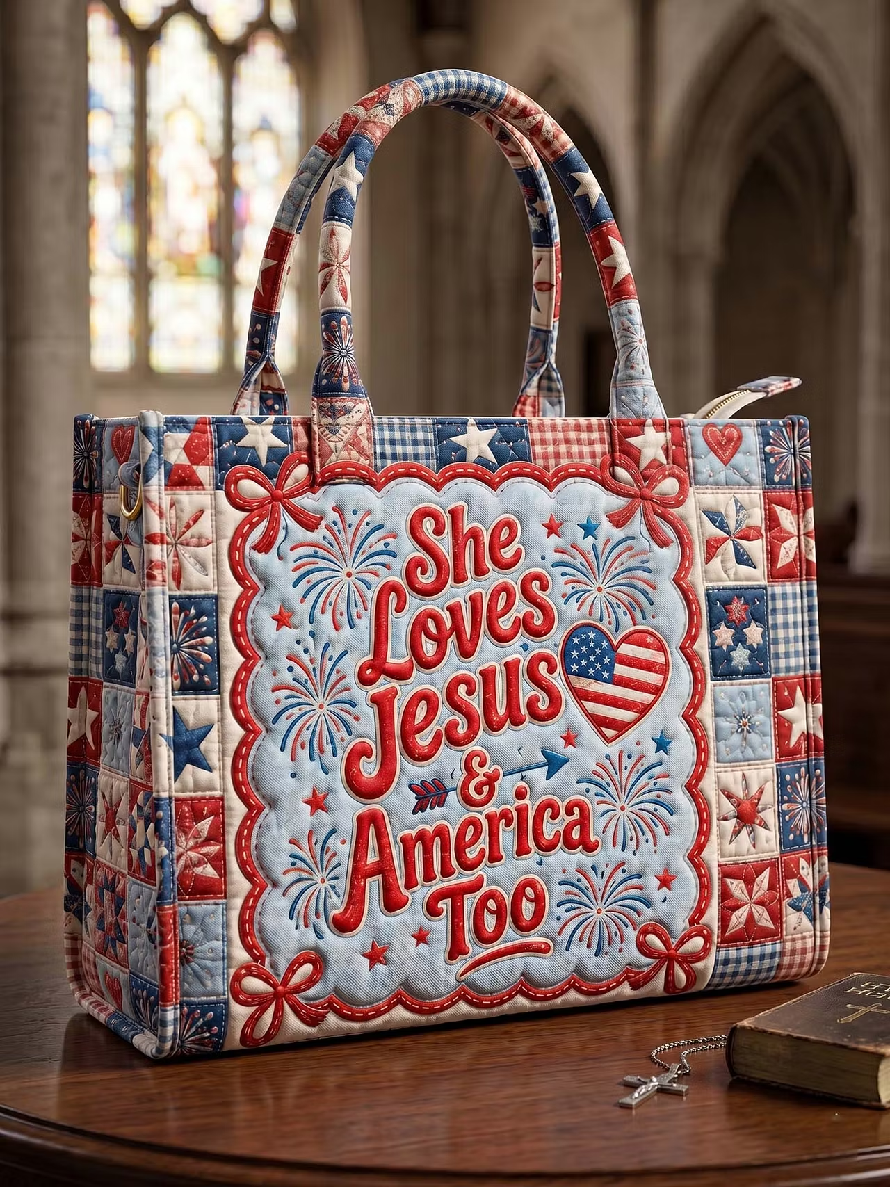 She Loves Jesus And America Too Quilted Leather Strap Bible Handbag