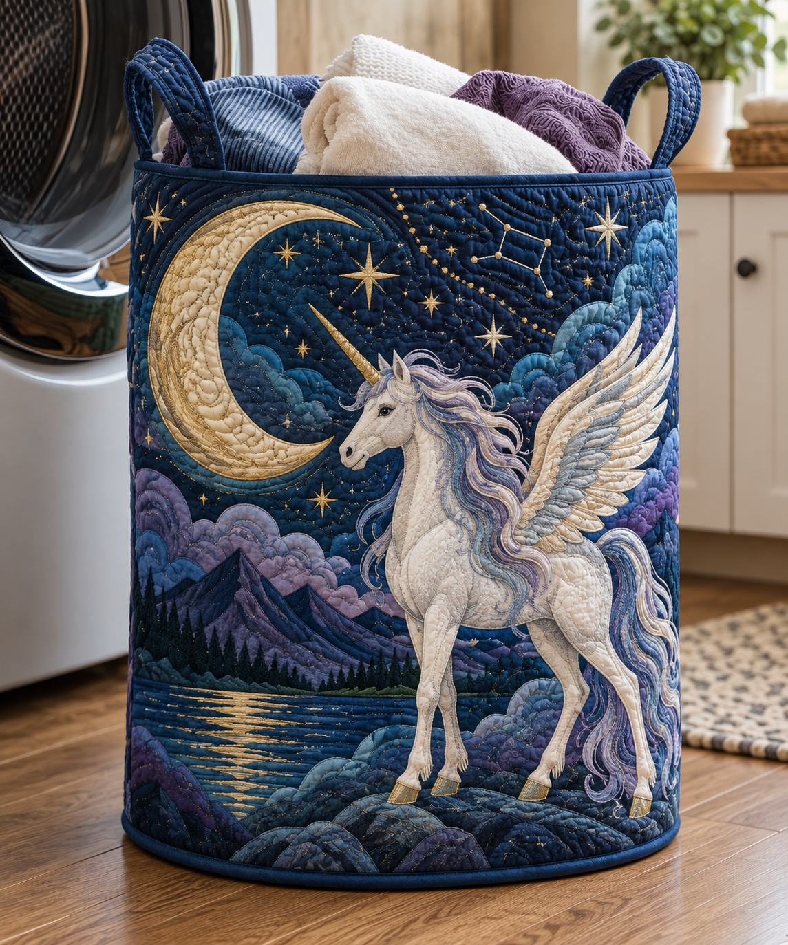 Moonlit Pegasus Lake Quilted Laundry Basket
