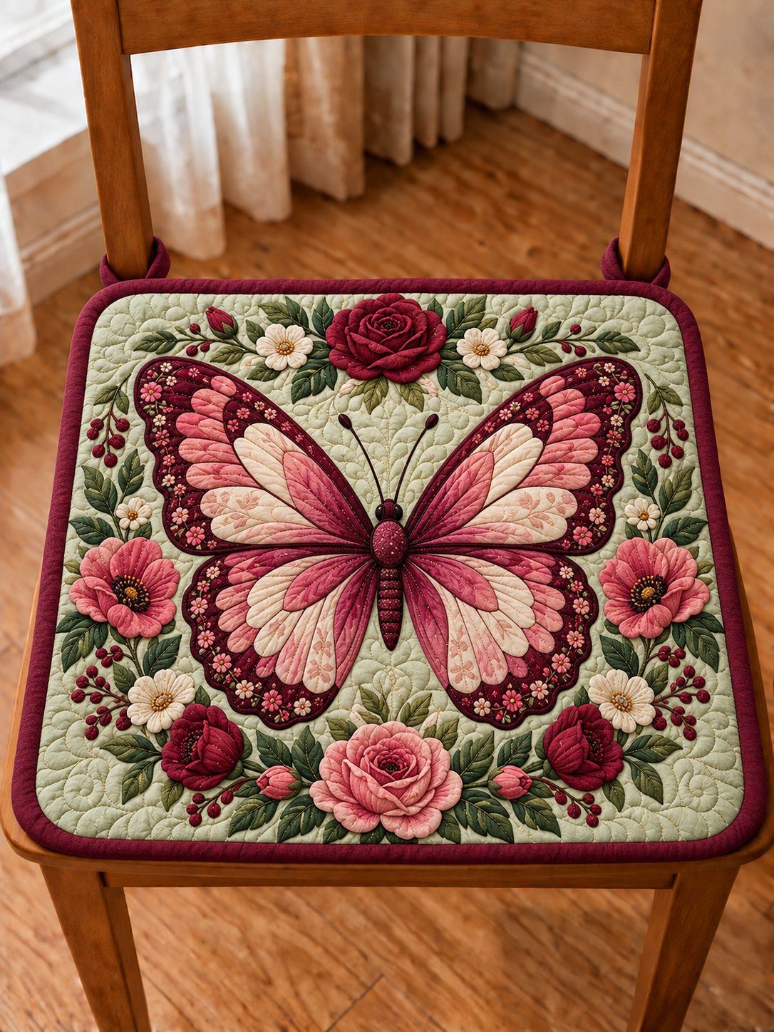 Pink Butterfly Rose Garden Quilted Chair Cushion