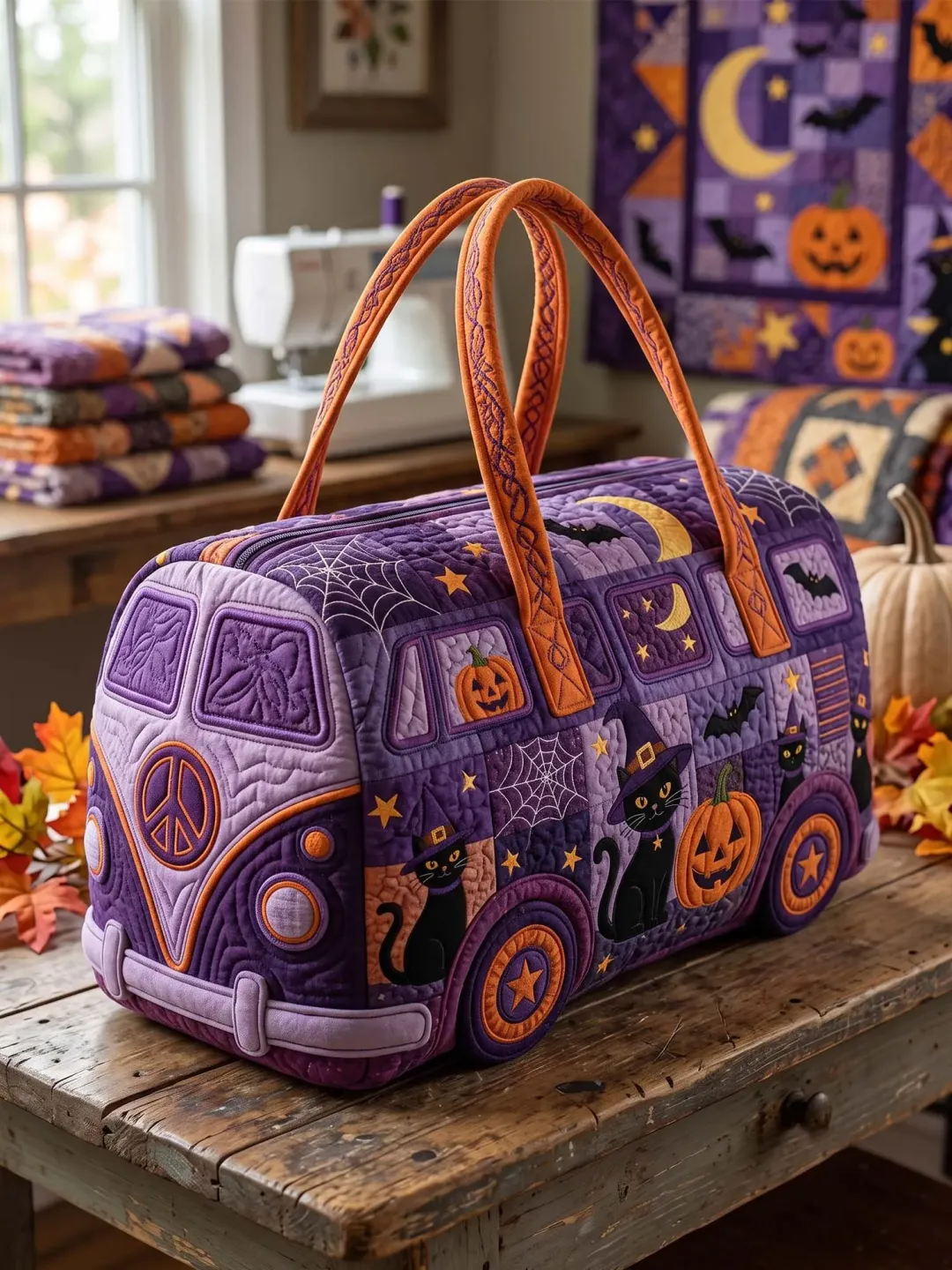 Moon Black Cat Halloween Bus Quilted Duffle Bag