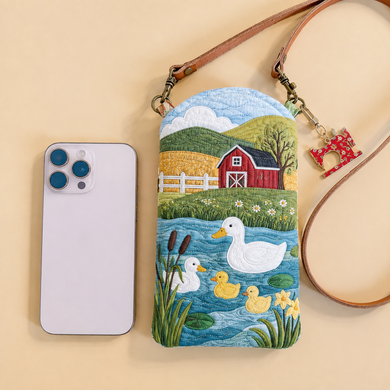 Farm Duck Pond Quilted Slim Phone Crossbody Bag