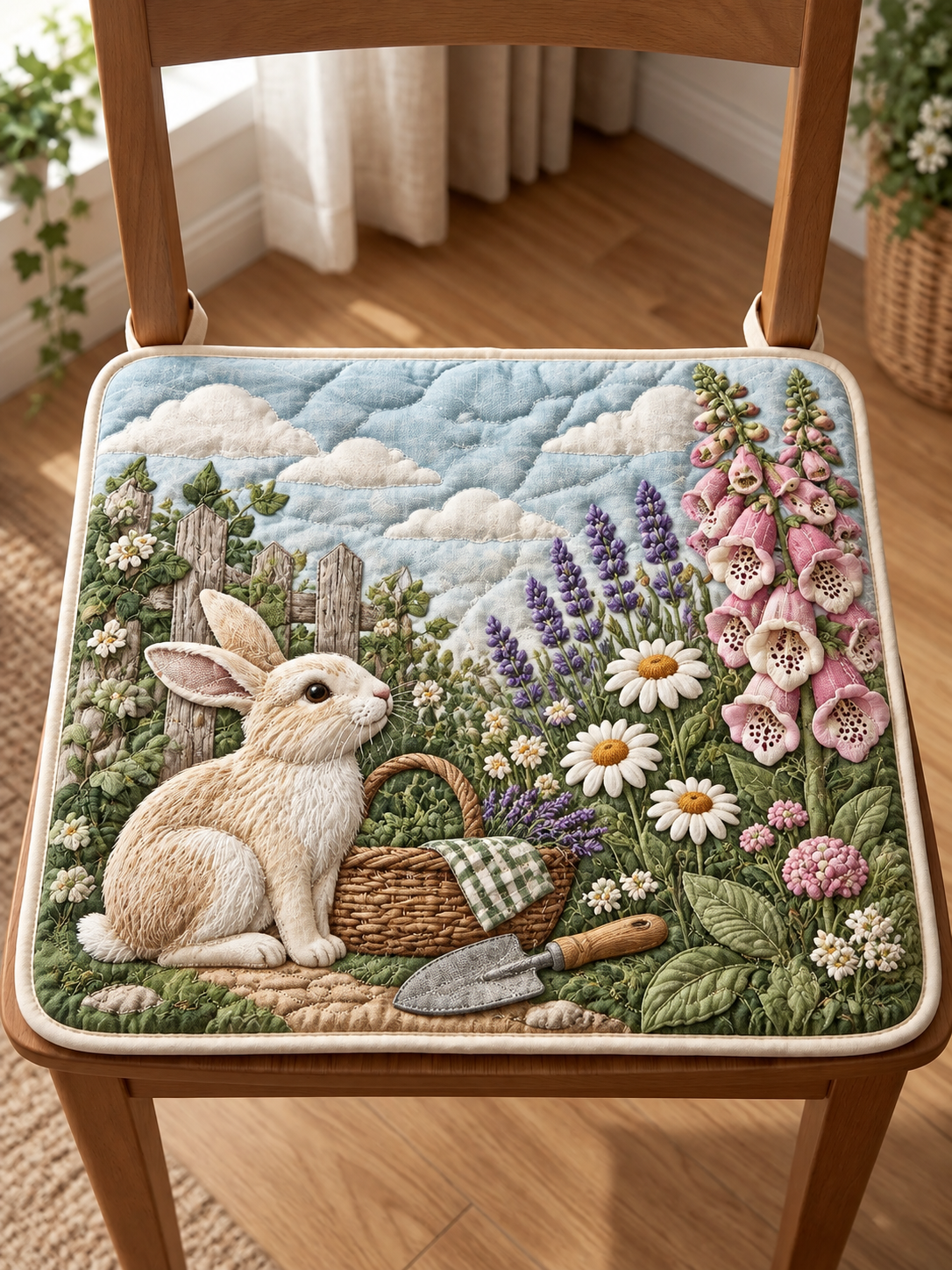 Spring Bunny Flower Garden Quilted Chair Cushion
