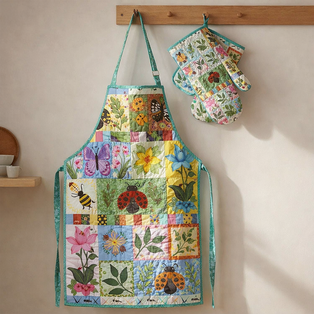Plants And Insects Quilted Apron Set (2-Piece) – Padded Apron + Heat-Resistant Oven Mitts