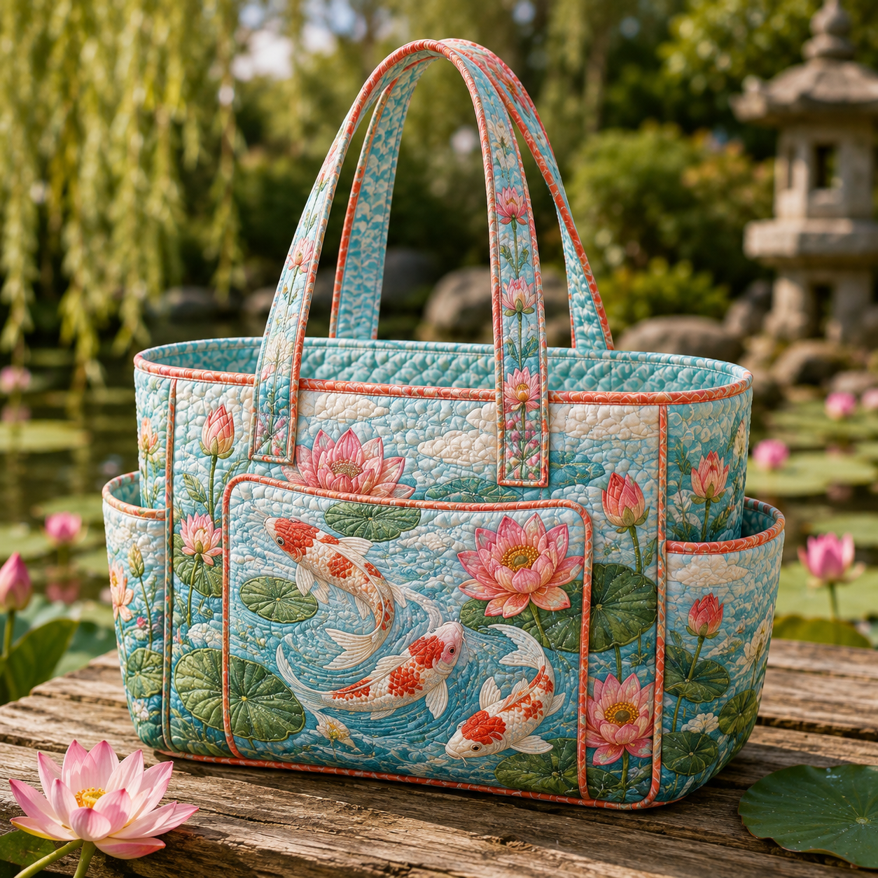 Koi Lotus Pond Multiple Pockets Quilted Tote Bag