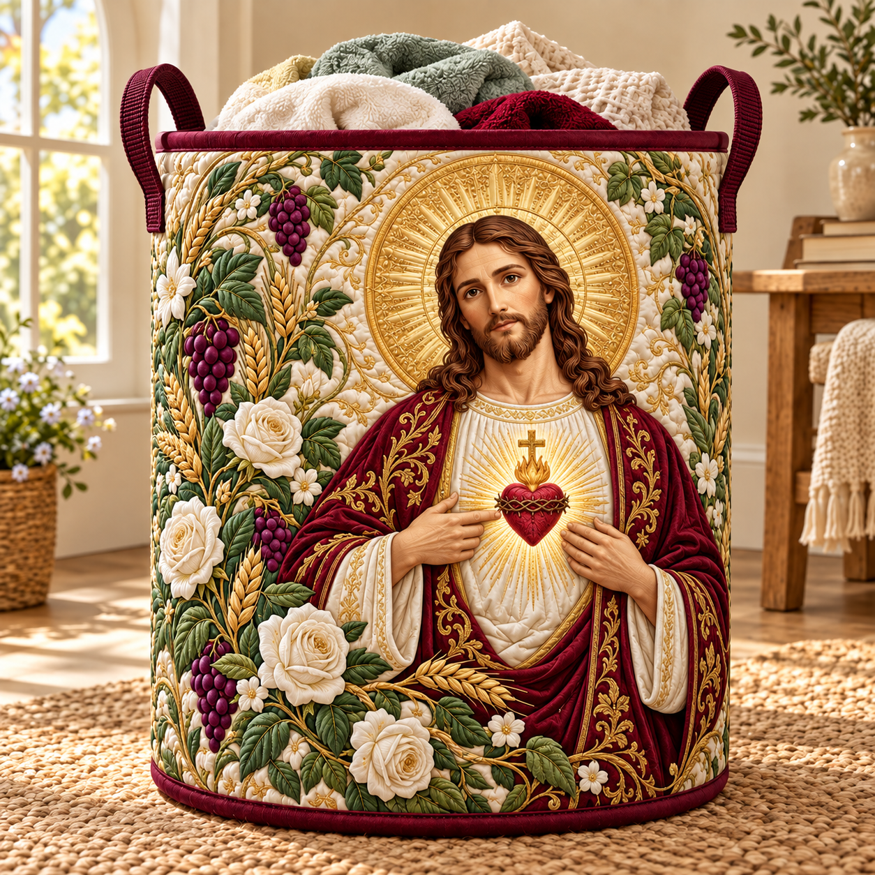 Sacred Heart Jesus Floral Quilted Laundry Basket