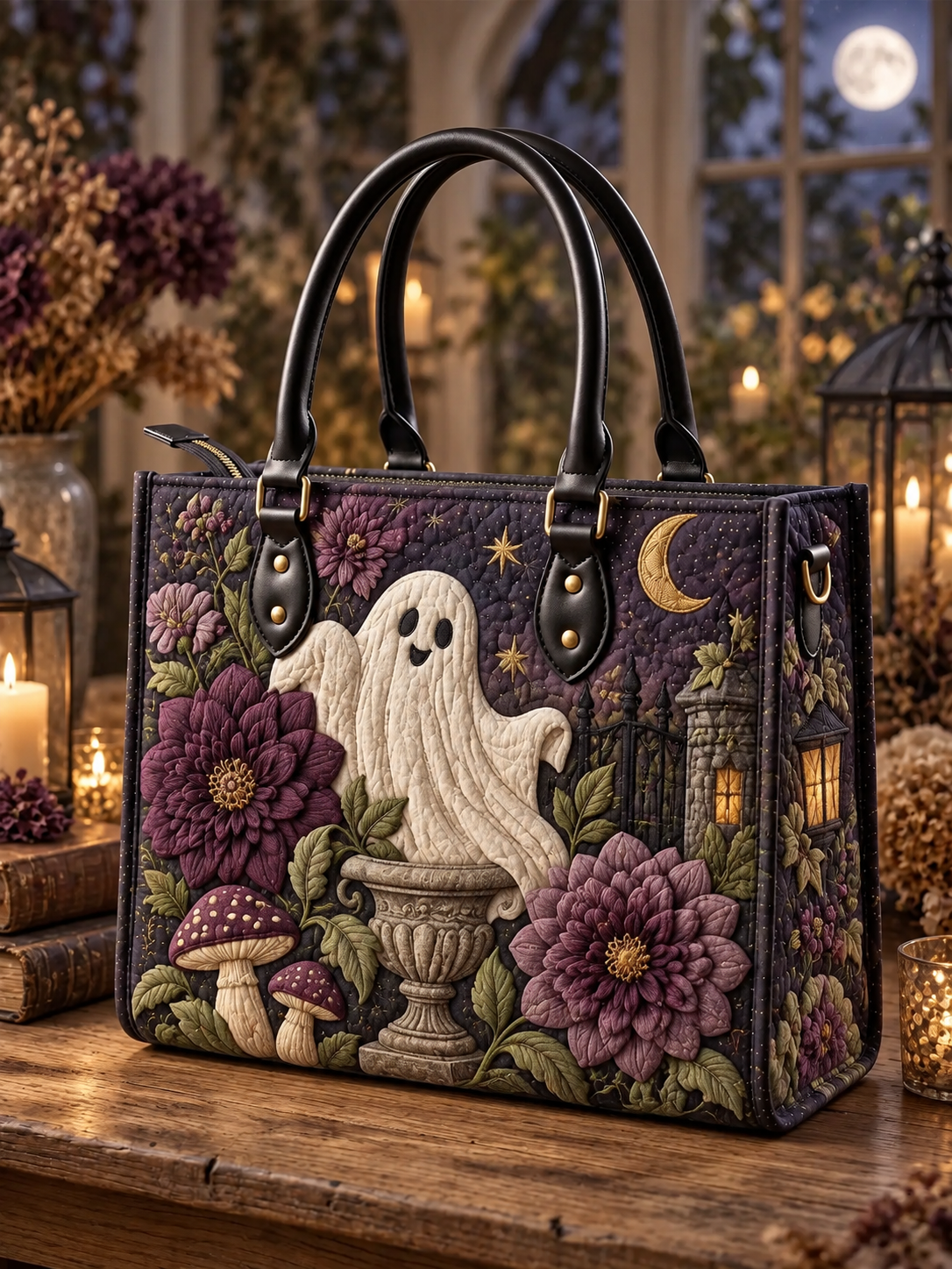Moonlit Garden Ghost Quilted Leather Strap Bible Handbag