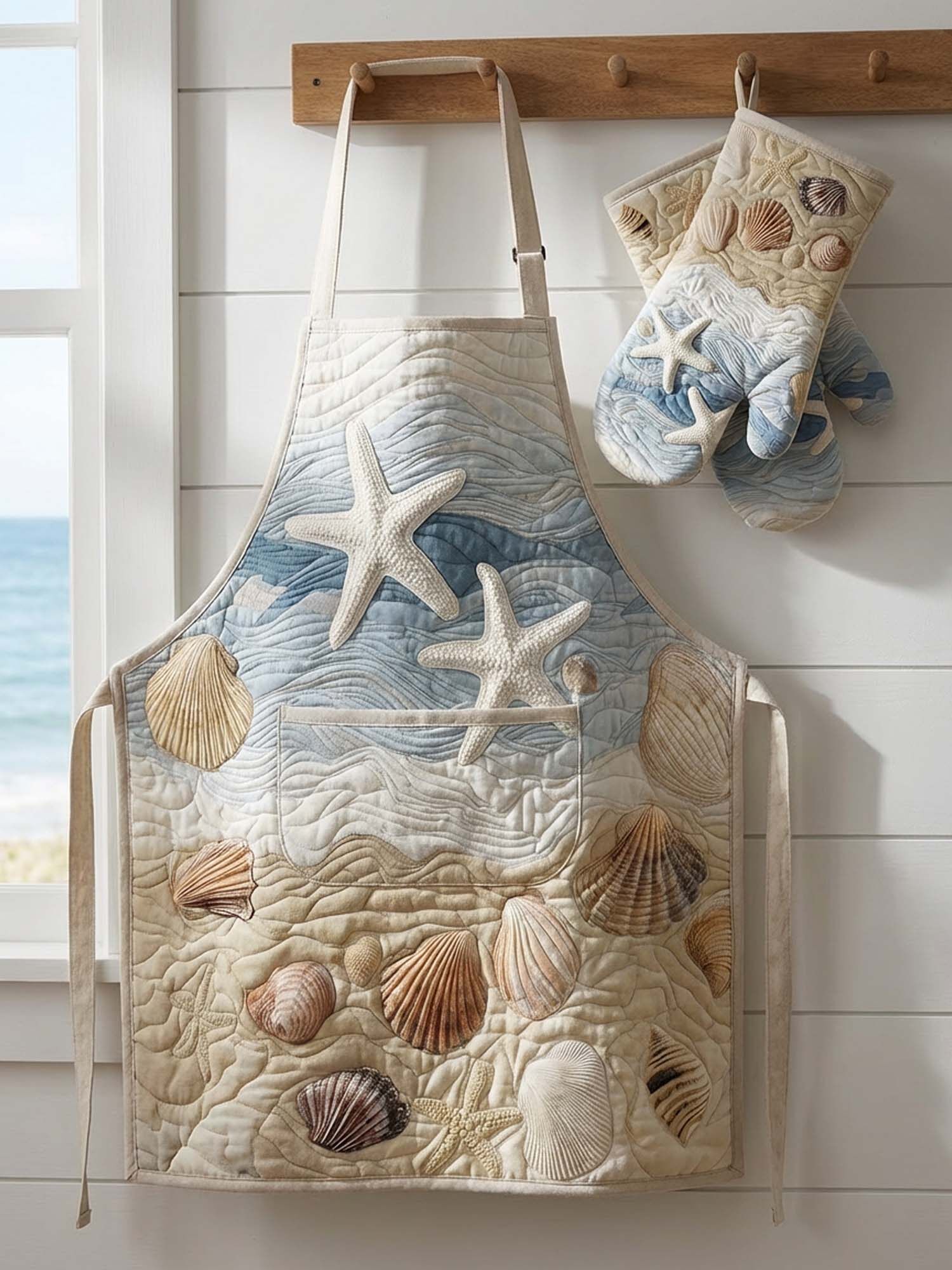 Seashells On The Beach Quilted Apron Set (2-Piece) – Padded Apron + Heat-Resistant Oven Mitts