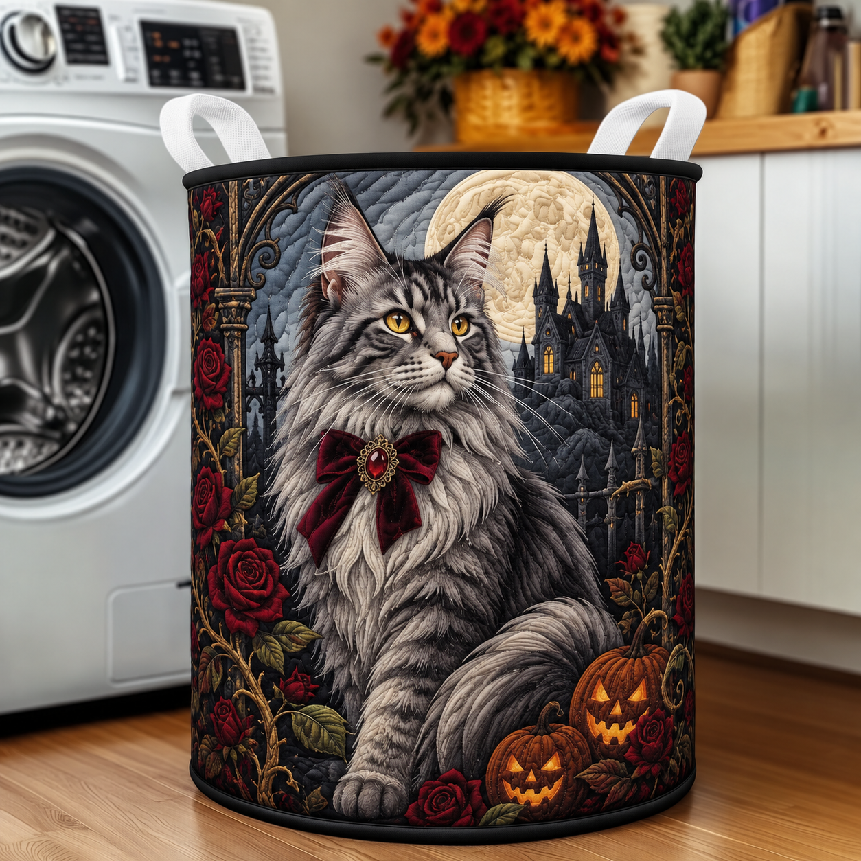 Gothic Gray Cat Pumpkin Quilted Laundry Basket