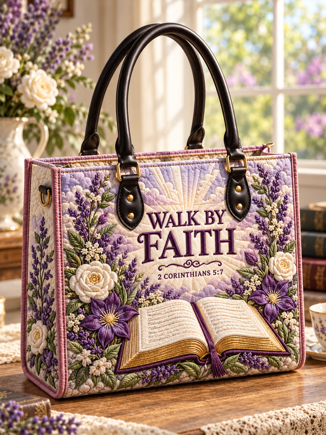Walk By Faith Lavender Bible Quilted Leather Strap Bible Handbag