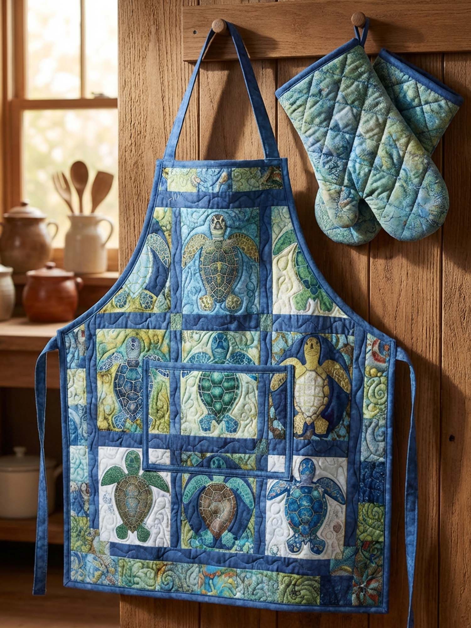 Sea Turtle Quilted Apron Set (2-Piece) – Padded Apron + Heat-Resistant Oven Mitts
