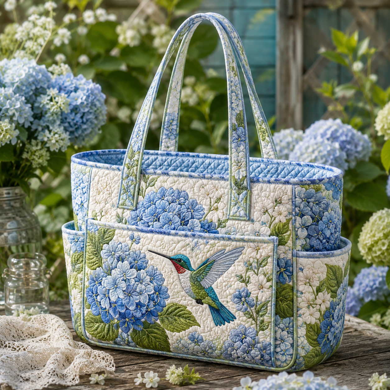 Hummingbird Hydrangea Garden Multiple Pockets Quilted Tote Bag