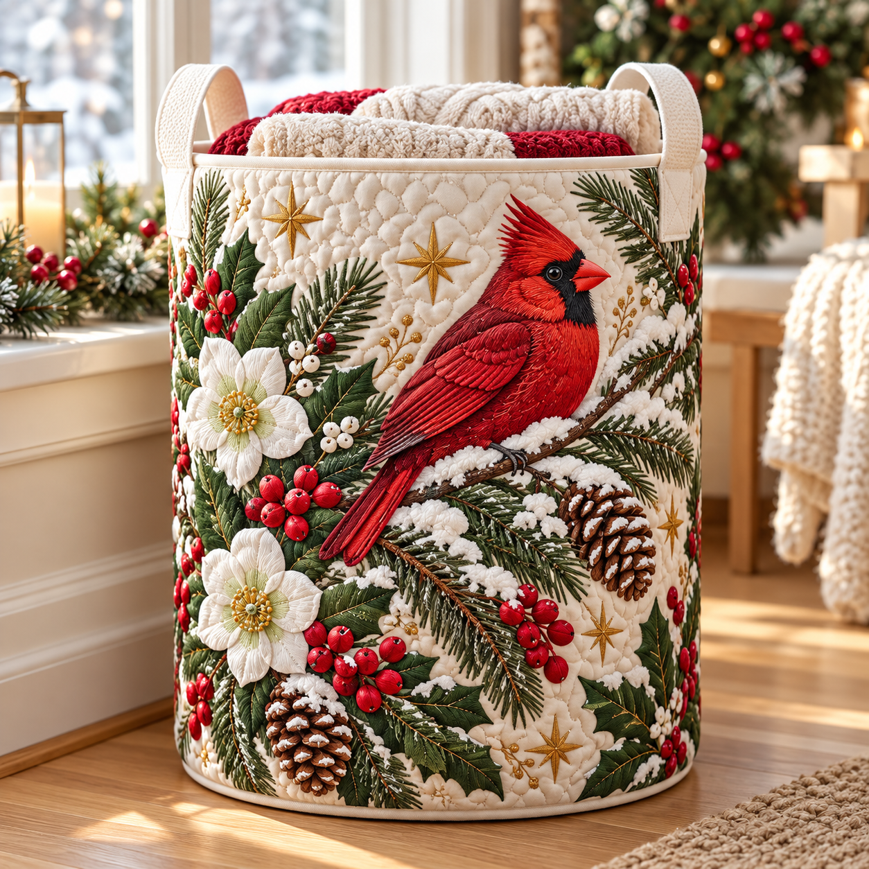 Cardinal Holly Winter Floral Quilted Laundry Basket