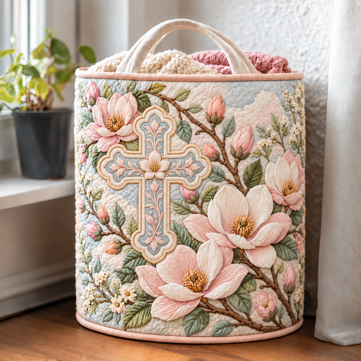 Magnolia Garden Ornate Cross Quilted Laundry Basket