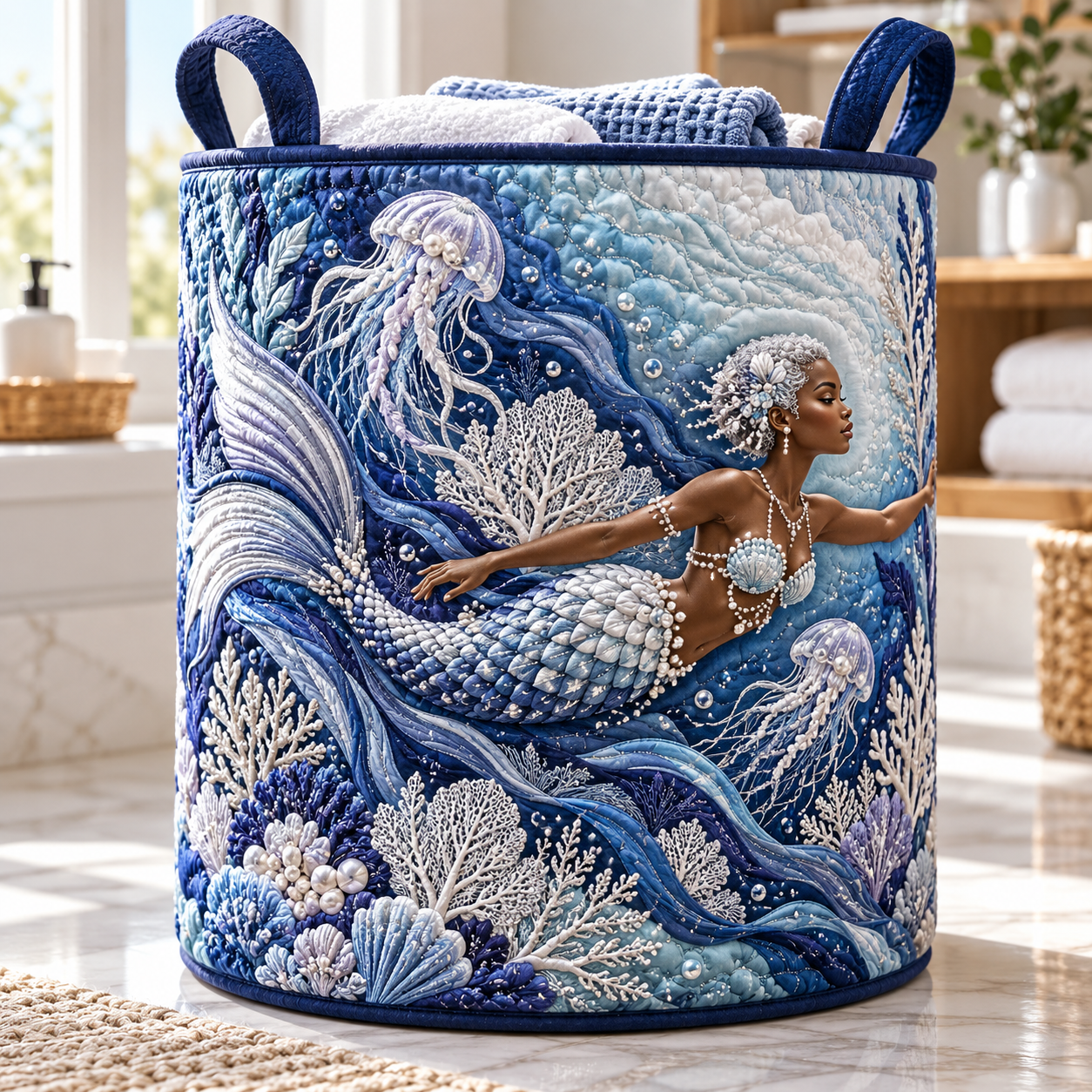 Blue Mermaid Ocean Wave Quilted Laundry Basket